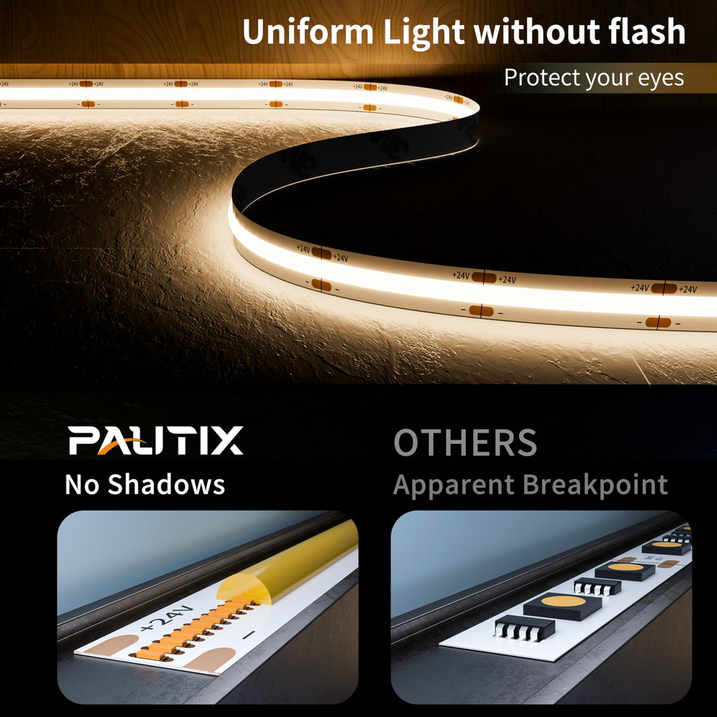 PAUTIX COB LED Strip Neon Rope Light 16.4ft/5m, 2700K Warm White 504 LEDs/m 24V,Silicone LED Neon Light IP68 Waterproof for Outdoor Indoor Lighting Decor(Power Supply NOT Included)