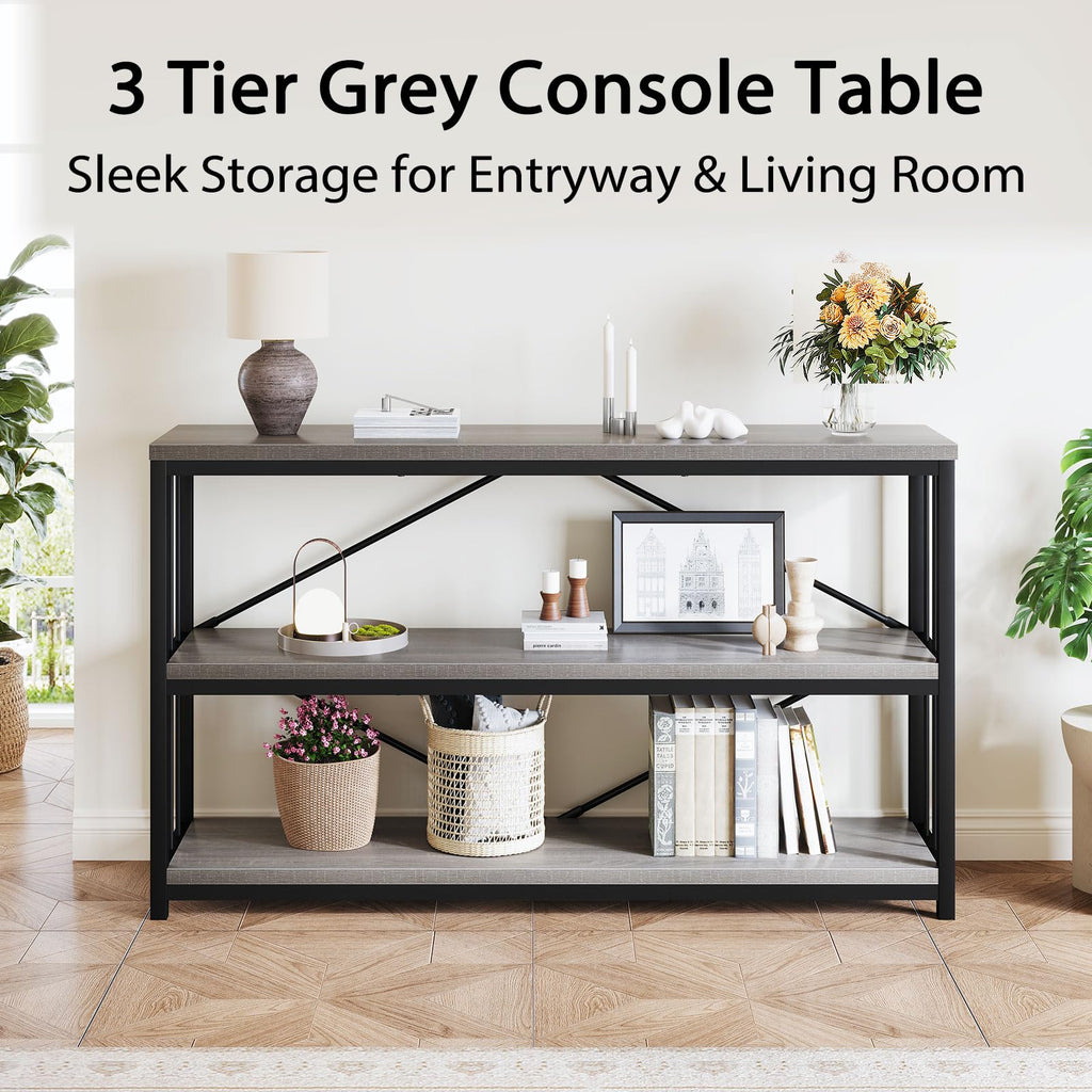 LVB Black Console Table, Modern Entryway Table for Hallway Living Room, Industrial Sofa Table Behind Couch, Farmhouse Wooden Metal Entry Table for Foyer with 3-Tier Storage Shelves, Black Oak, 55 Inch