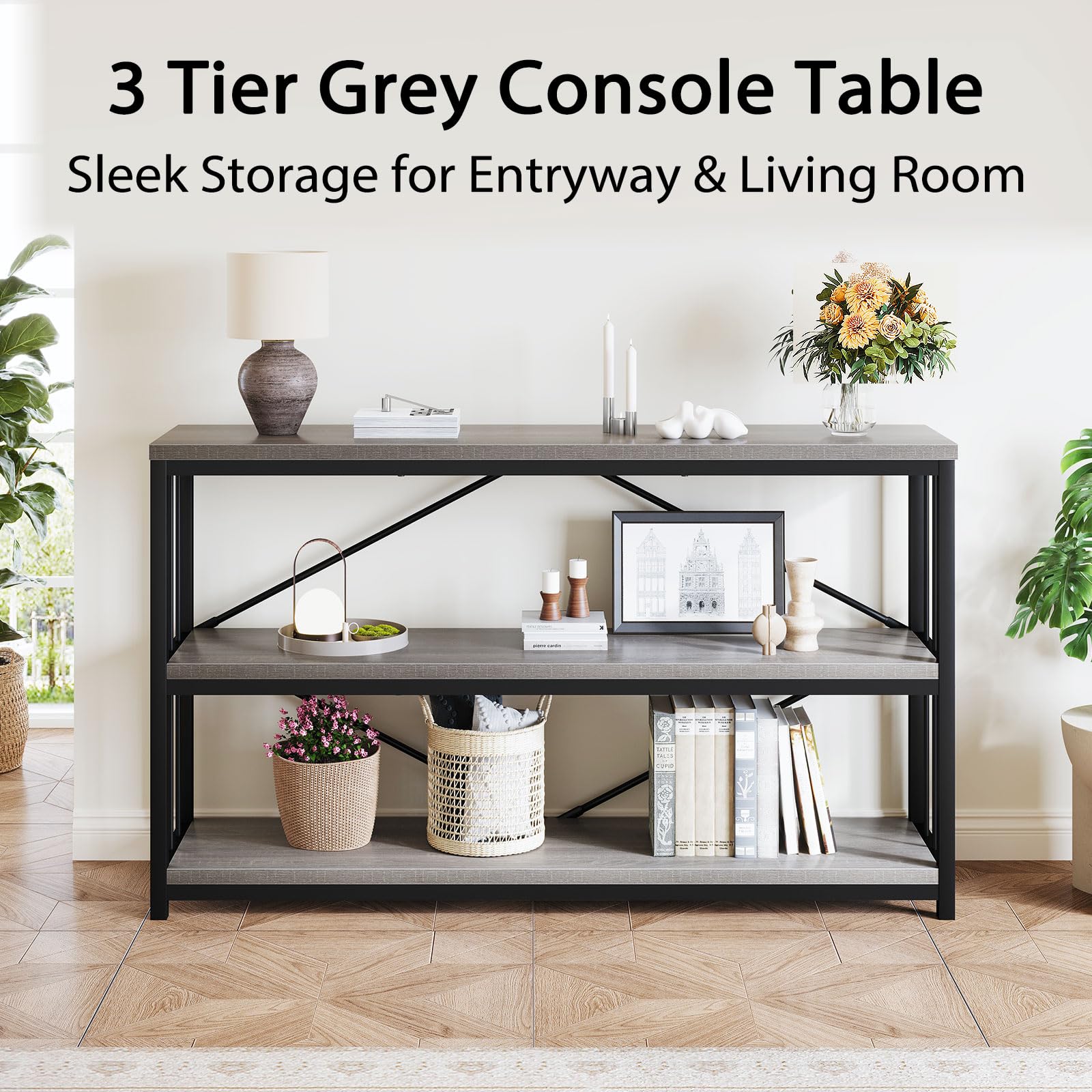 LVB Black Console Table, Modern Entryway Table for Hallway Living Room, Industrial Sofa Table Behind Couch, Farmhouse Wooden Metal Entry Table for Foyer with 3-Tier Storage Shelves, Black Oak, 55 Inch