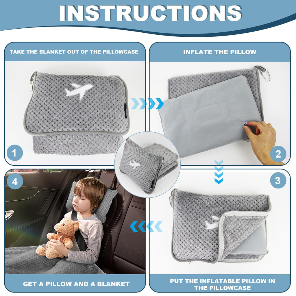 Travel Blanket Airplane Compact with Bag, Travel Essentials 3 in 1 Packable Airplane Blanket, Travel Pillow and Blanket Set, Inflatable Pillow, Luggage Sleeve & Backpack Clip (Camel)