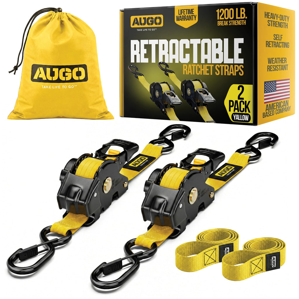 AUGO Retractable Ratchet Straps | 2 Heavy Duty Ratchet Straps Self Retractable Tie Downs with Soft Loops & Storage Bag for Motorcycle, Truck, Trailer, Cargo Van | 1200 Lb Break Strength 1” x 10’