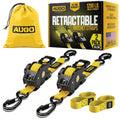 AUGO Retractable Ratchet Straps | 2 Heavy Duty Ratchet Straps Self Retractable Tie Downs with Soft Loops & Storage Bag for Motorcycle, Truck, Trailer, Cargo Van | 1200 Lb Break Strength 1” x 10’