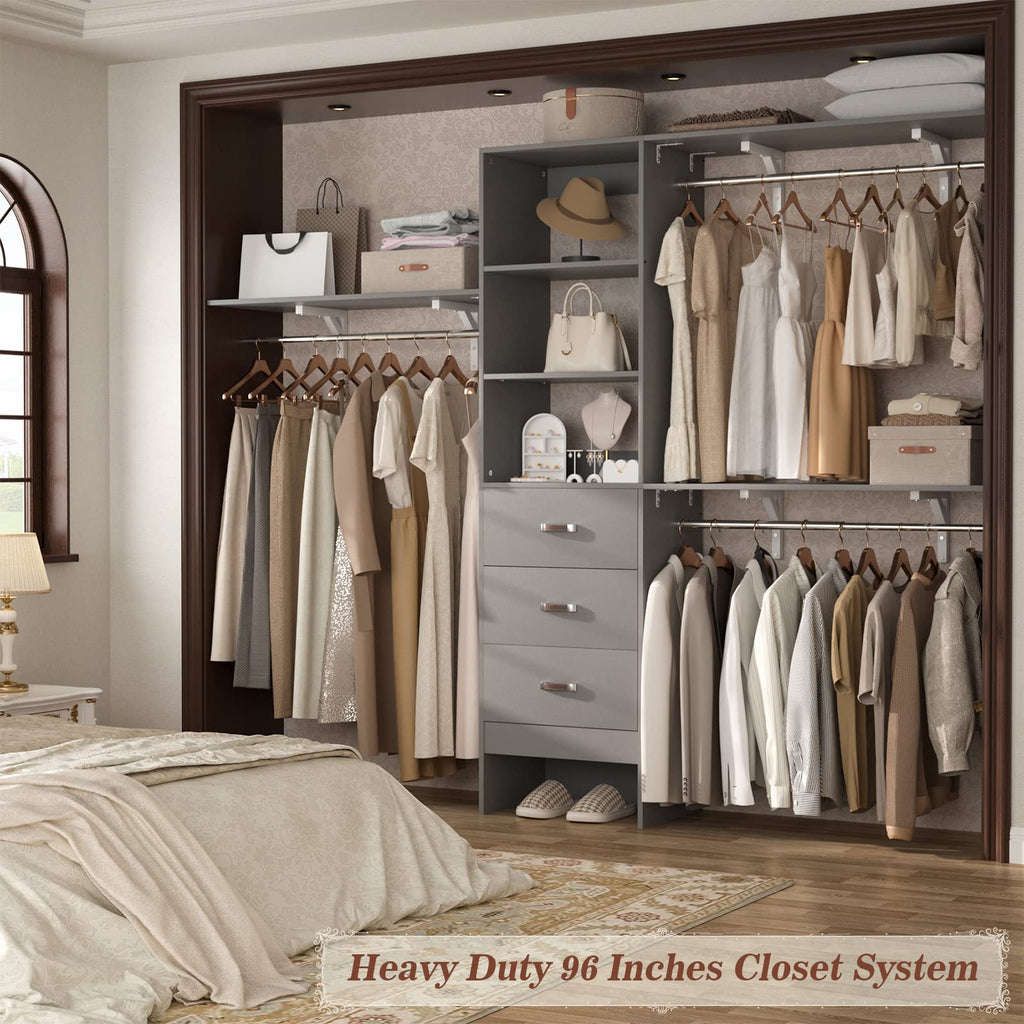 iSunirm 8FT Closet System, 96'' Closet Organizer System with 3 Hanging Rods, Wall Mount Bedroom Wardrobe with 3 Drawers Walk-in Closet, Adjustable Cloth Garment Rack from 5 to 8FT (Cut to Fit), Black
