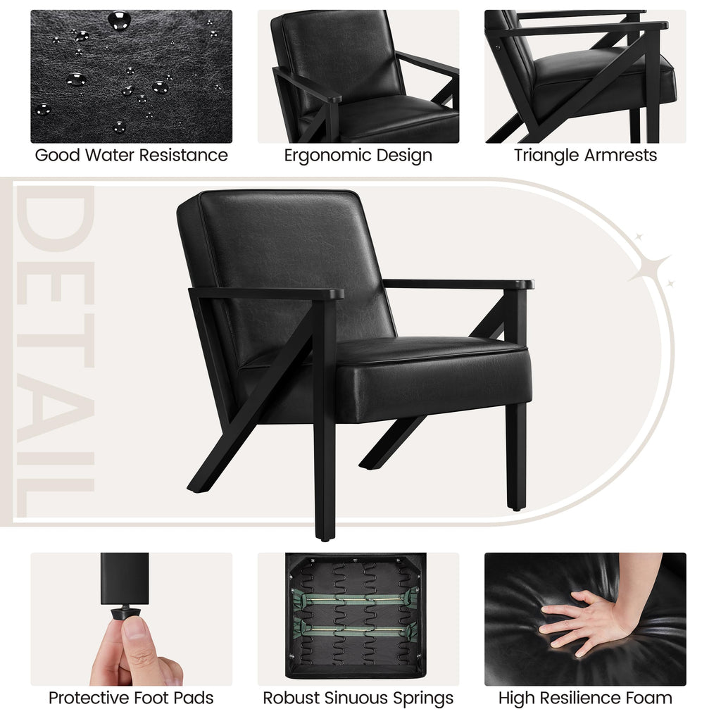 Yaheetech Accent Chair, PU Leather Reading Chair, Mid Century Modern Arm Chair with Solid Wood Frame for Living Room Bedroom Waiting Room, 2 Pieces, Black