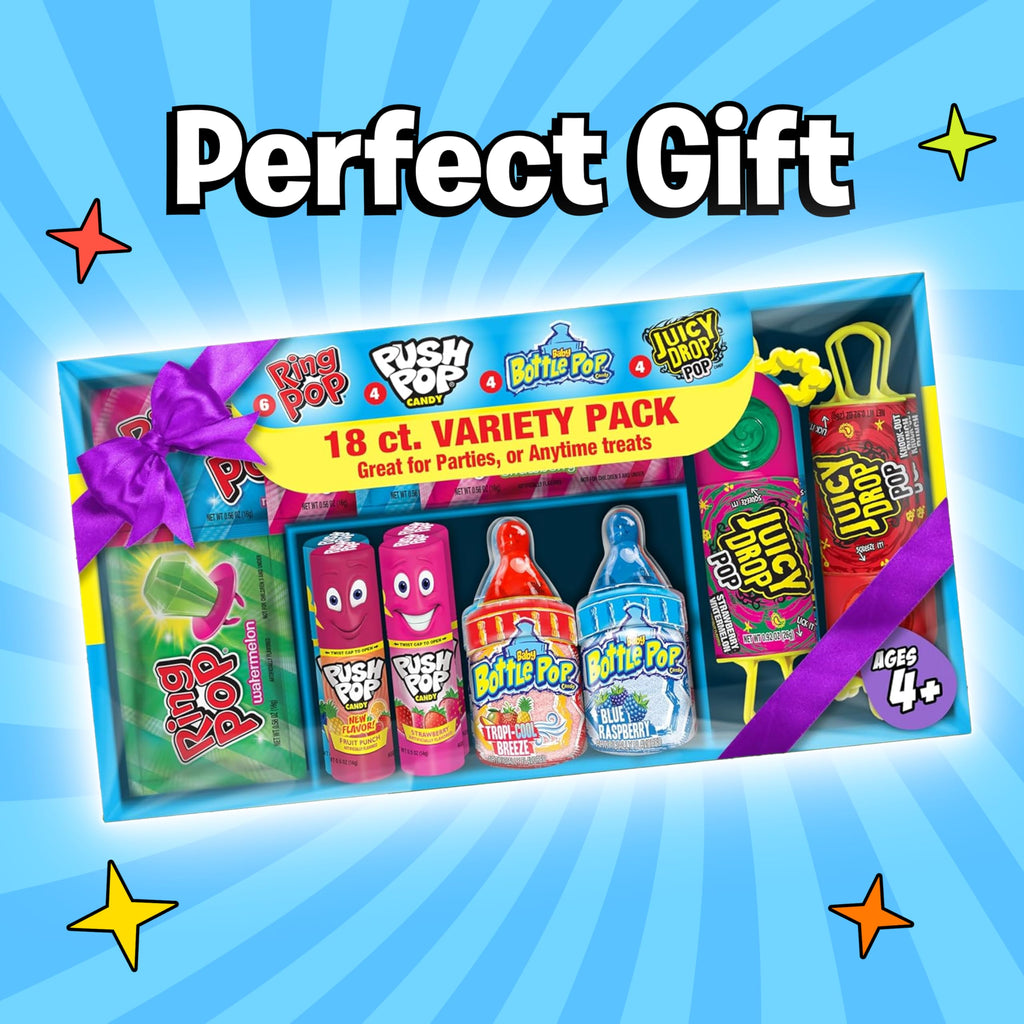 Assorted Candy Variety Pack 4 Count Lollipops - Ring Pop, Push Pop, Baby Bottle Pop & Juicy Drop - Ideal for Kids Party Favors, Party Favor Bags by Bazooka Brands