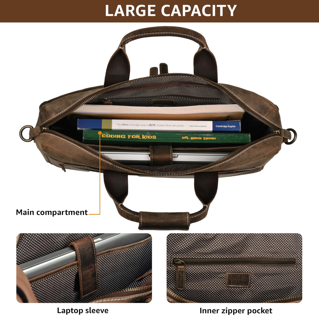 LEATHER VILLAGE 16" Leather Laptop Messenger Briefcase Bag for Men-Leather Satchel for Travel and Office Shoulder Bag-Black