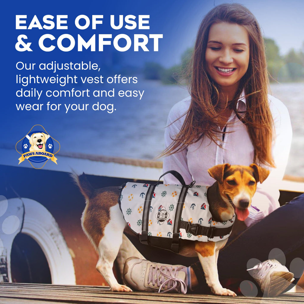 Dog Life Jacket — Premium Swim Vest with SafeChin Anti-Choke Collar | PAWS Aboard Blue & Yellow | RapidLift Rescue Handle, D-Ring, Reflective Trim | Boating, Kayaking, Pool | XX-Small (Under 6 lbs)