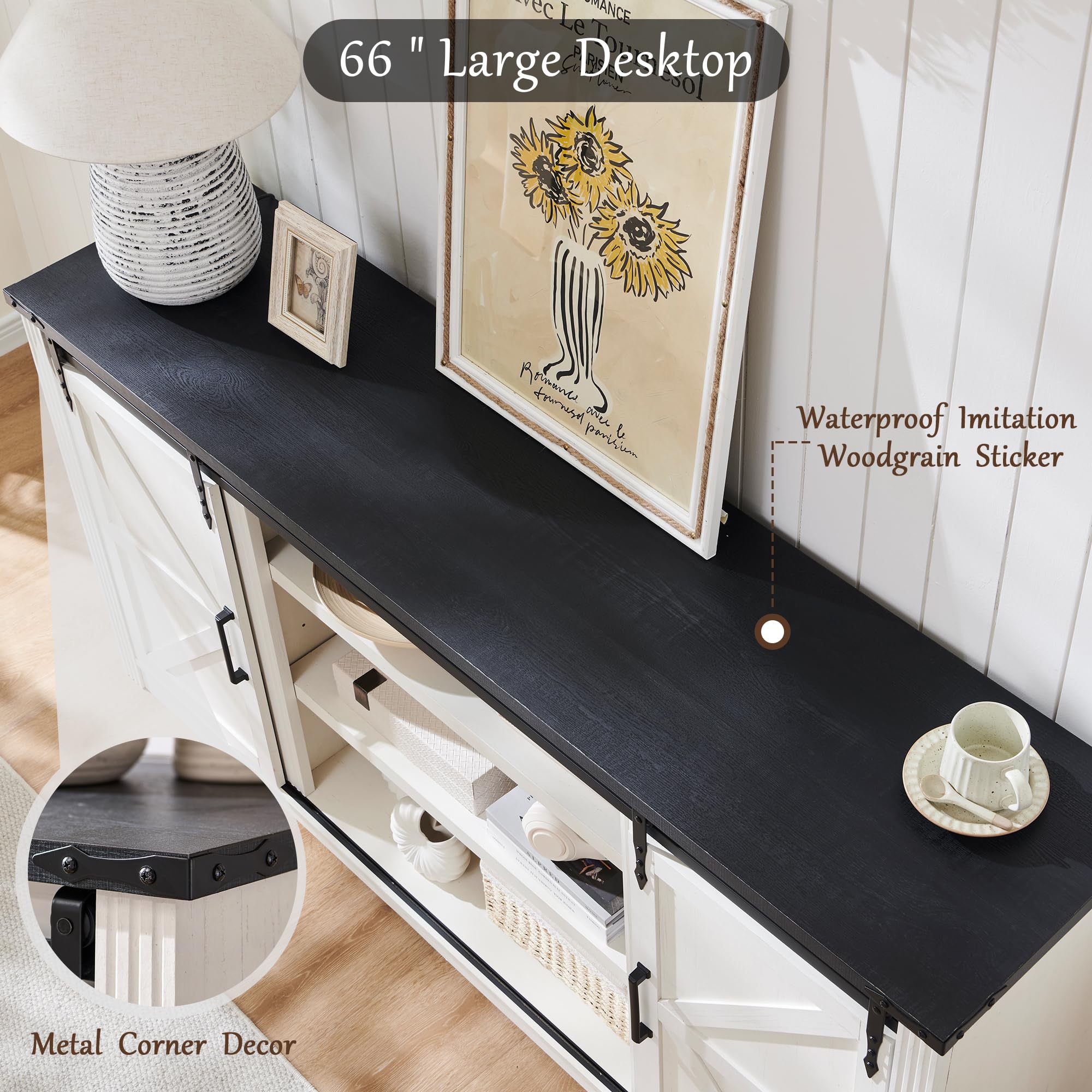 JXQTLINGMU Farmhouse TV Stand for 75+ Inch TV, 32" Tall Entertainment Center w/4 Drawers & Sliding Barn Door, Rustic Media Console w/Storage Shelves, 66" Wood Television Stand for Living Room, Black