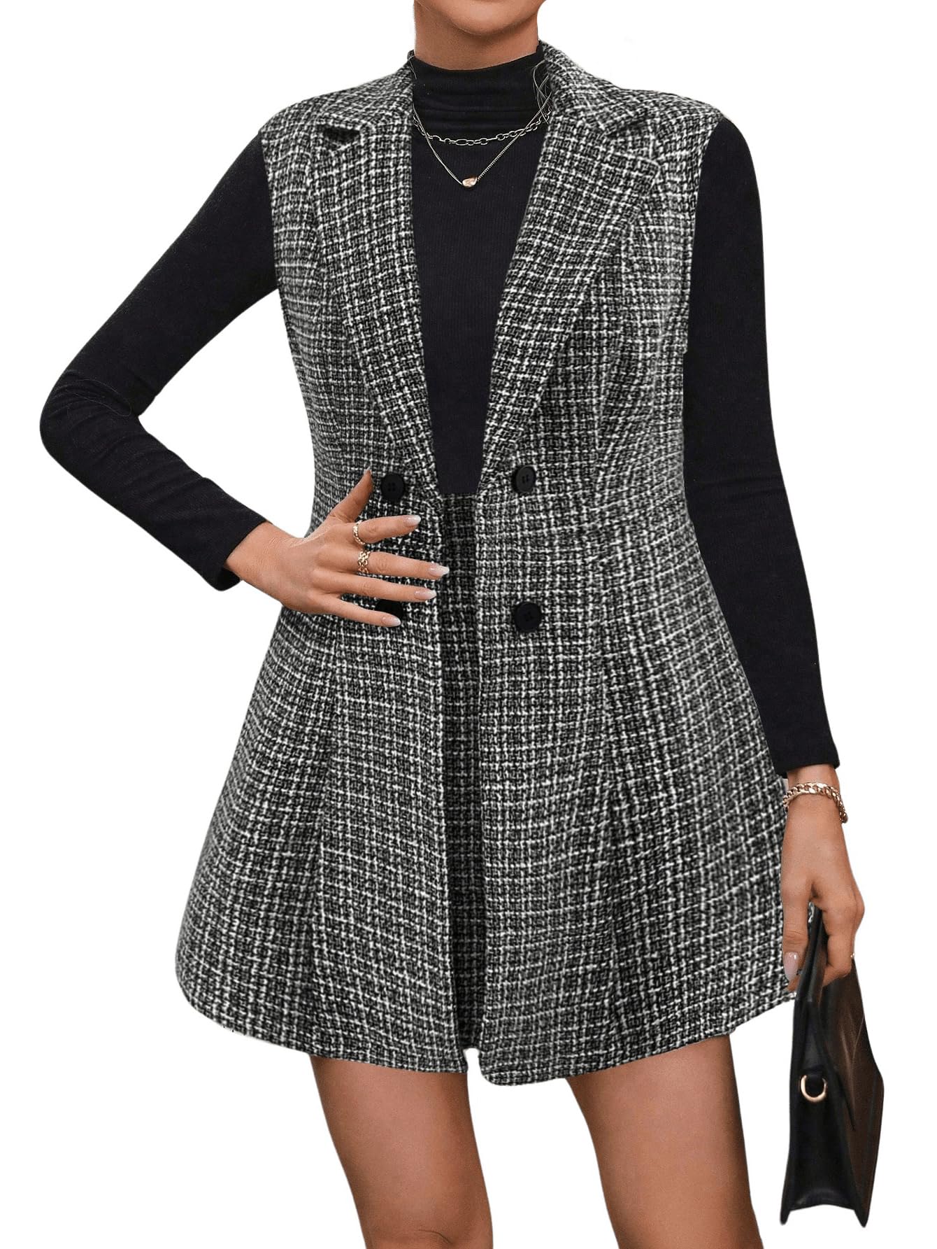 Floerns Women's 2 Piece Outfit Workwear Plaid Print Lapel Neck Vest Blazer and Skirt Set