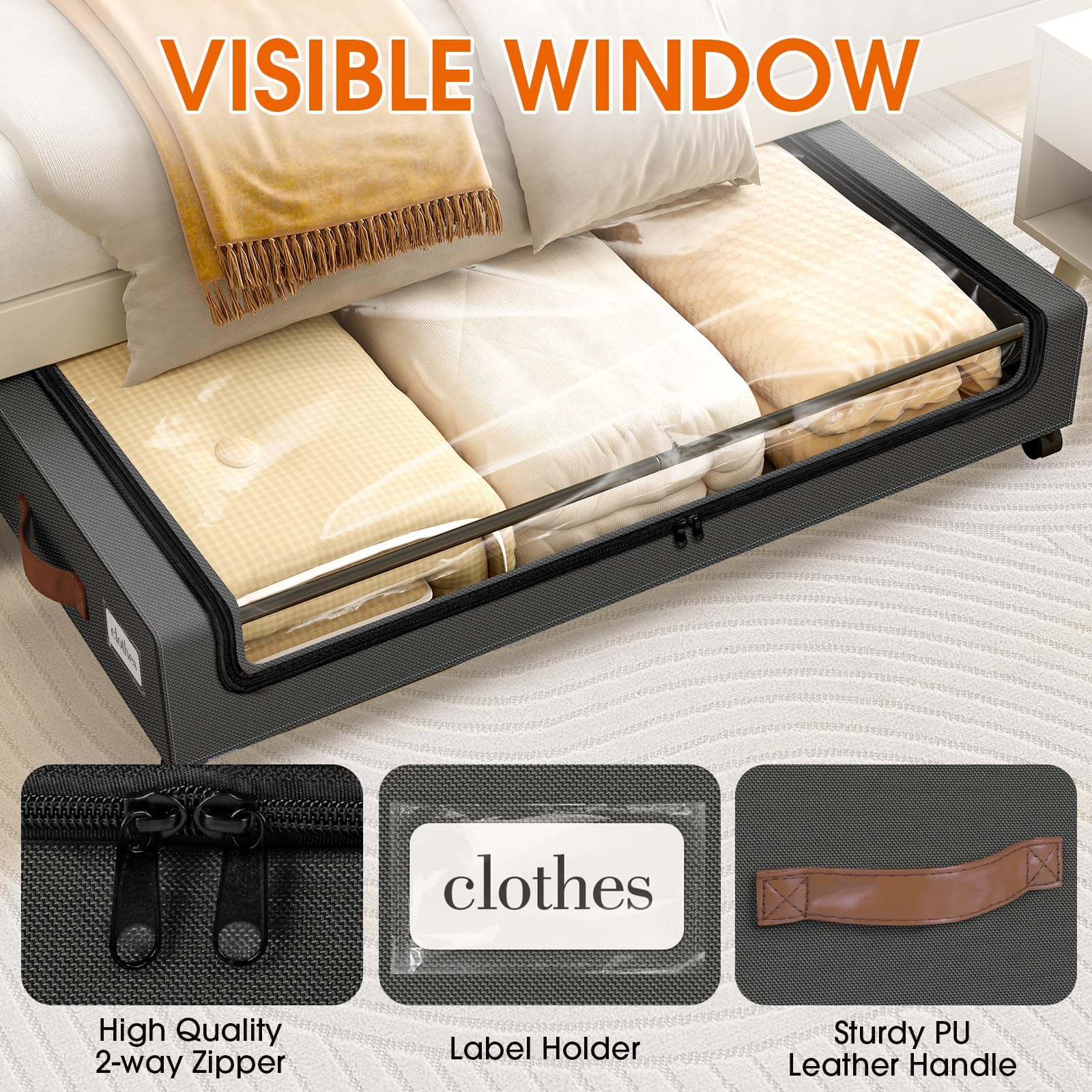 SpaceHacks Under Bed Storage with Wheels 1Pack Underbed Storage with Clear Window&Label Under Bed Drawers Large Capacity Rolling Under Bed Storage for Clothes,Shoes, Blankets (Beige)