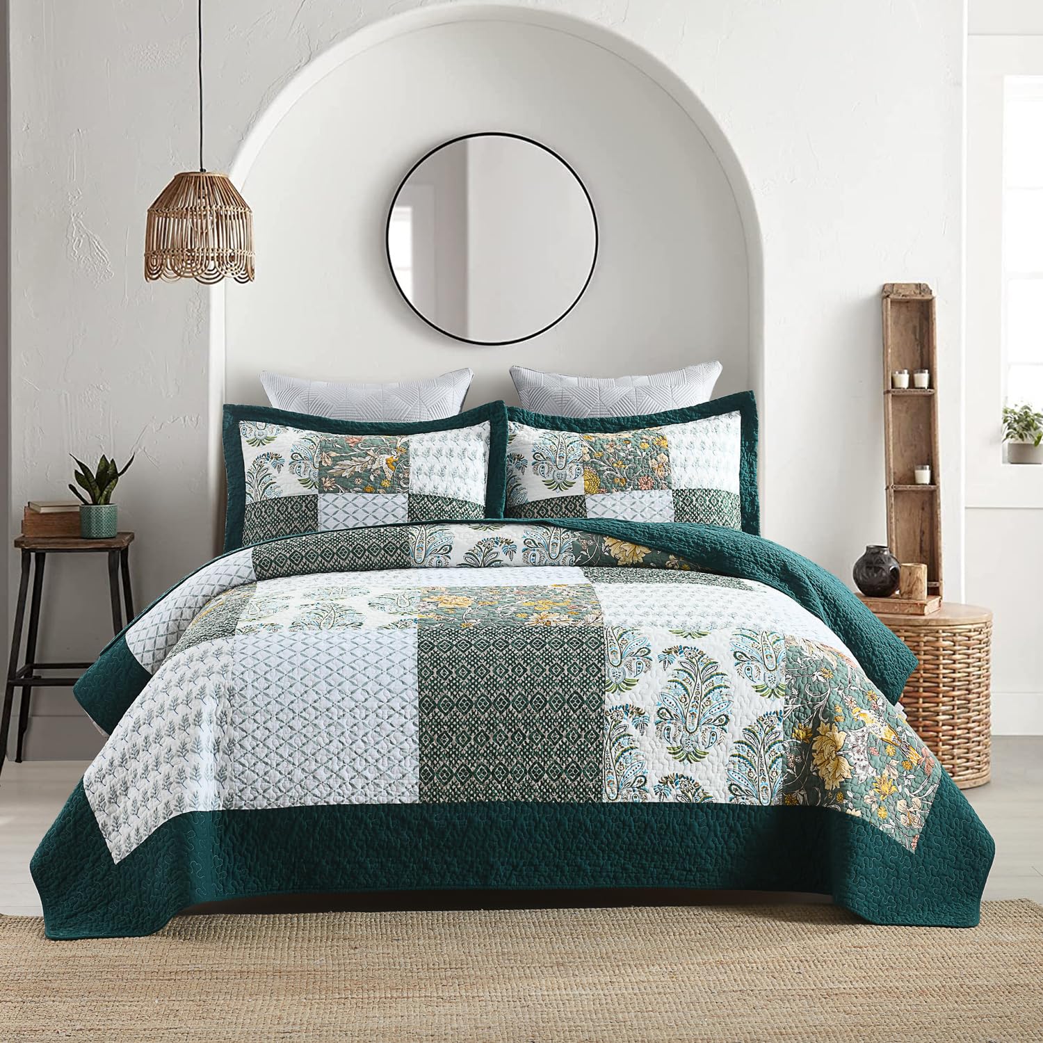 Secgo Twin Comforter Set for Bed - 100% Cotton Quilts Twin Size, Black Bedspreads with 2 Pillow Shams, Patchwork Reversible Lightweight Bedding