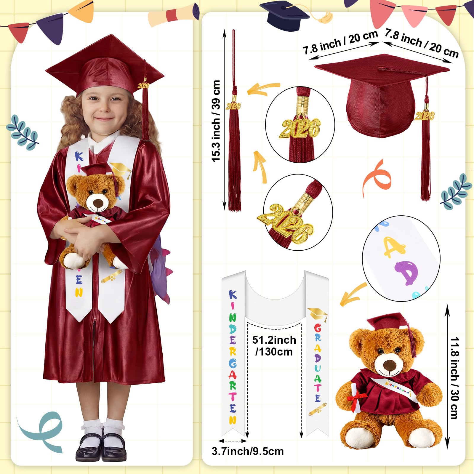 Sintuff 7 Pcs Kindergarten Preschool Graduation Cap and Gown with Bear Gifts 2026 Grad Stole Tassel Sash for Toddler Kids