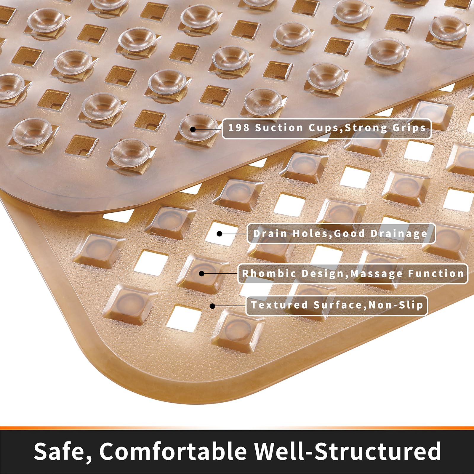 Yimobra Square Shower Mat Non Slip, Super Strong Suction Cups, 21"X21" Bath Tub Mat with Drain Holes, Machine Washable Fast Draining Bath Mats, Bathroom Essentials,Black
