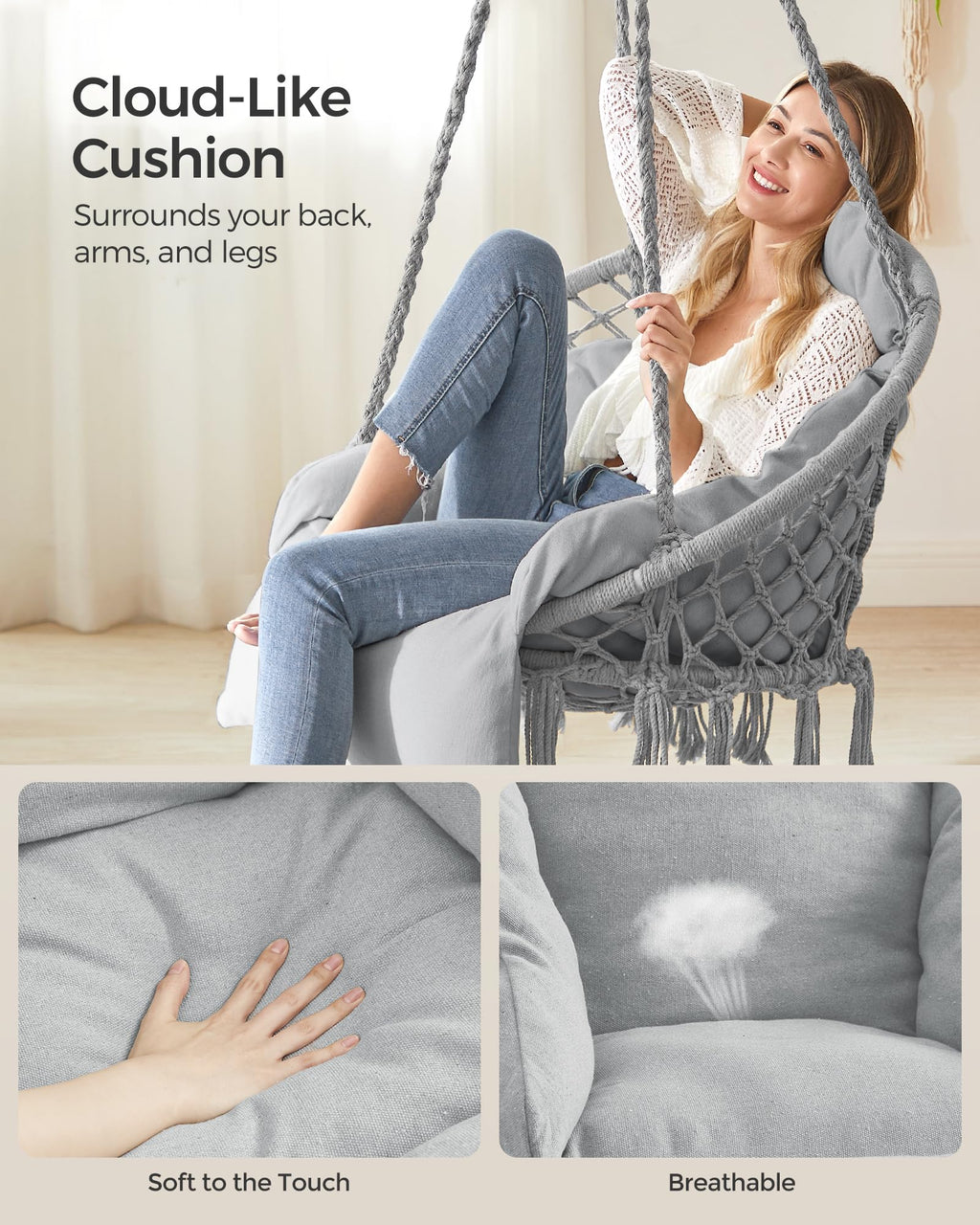 SONGMICS Hanging Chair, Hammock Chair with Large, Thick Cushion, Boho Swing Chair for Bedroom, Patio, Balcony, Garden, Holds up to 264 lb, Accessories Included, Cream White UGDC042M01