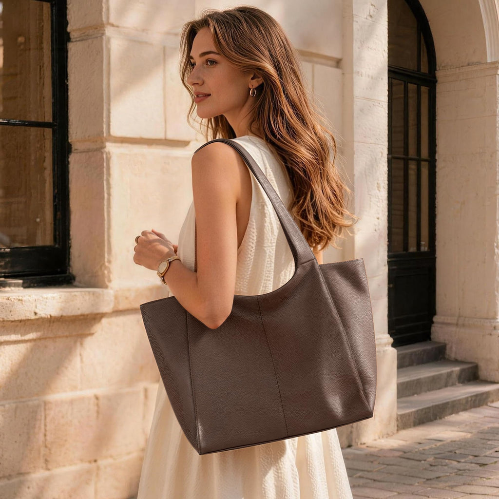 befen Soft Genuine Leather Tote Bag for Women Work with Zipper Slouchy Bags