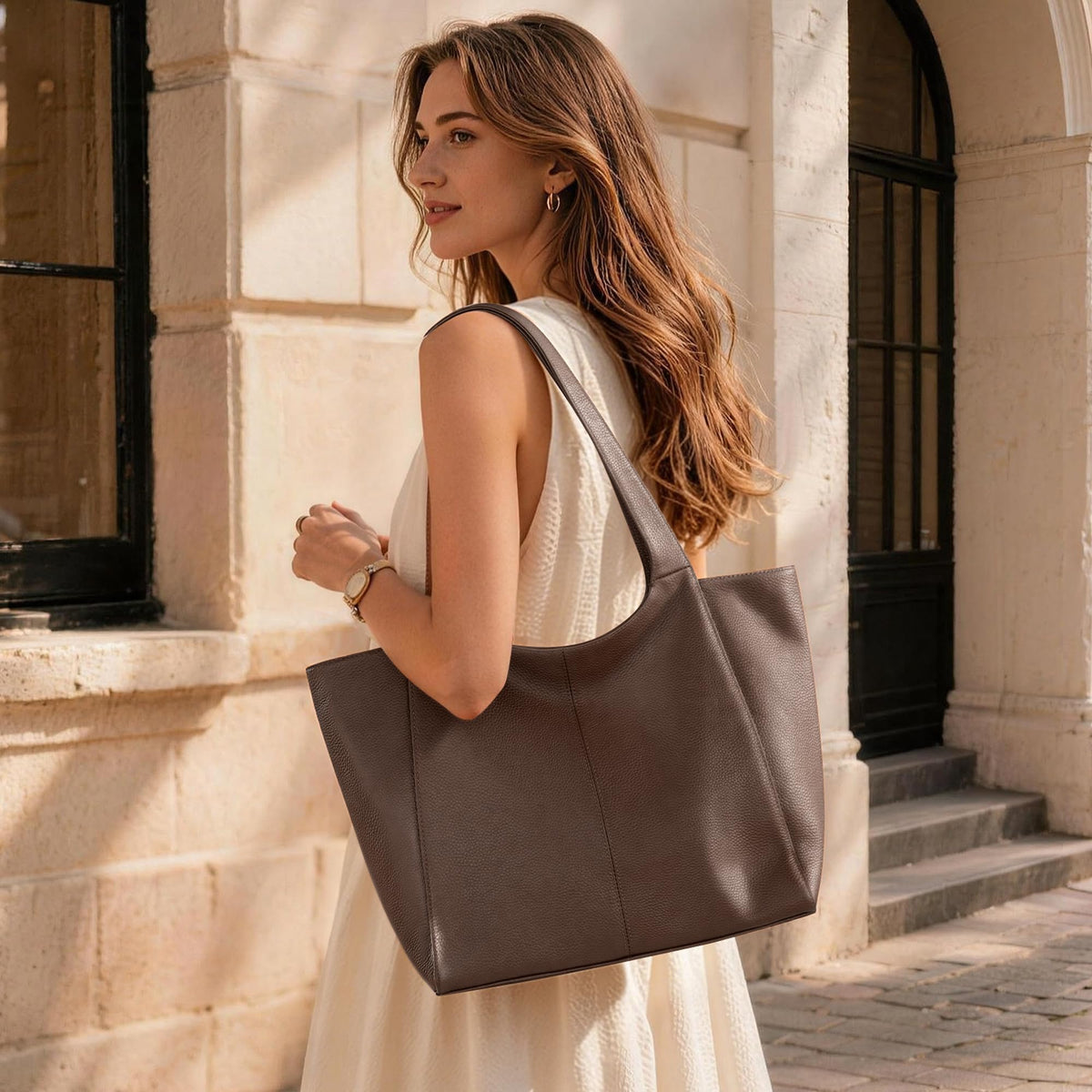 befen Soft Genuine Leather Tote Bag for Women Work with Zipper Slouchy Bags