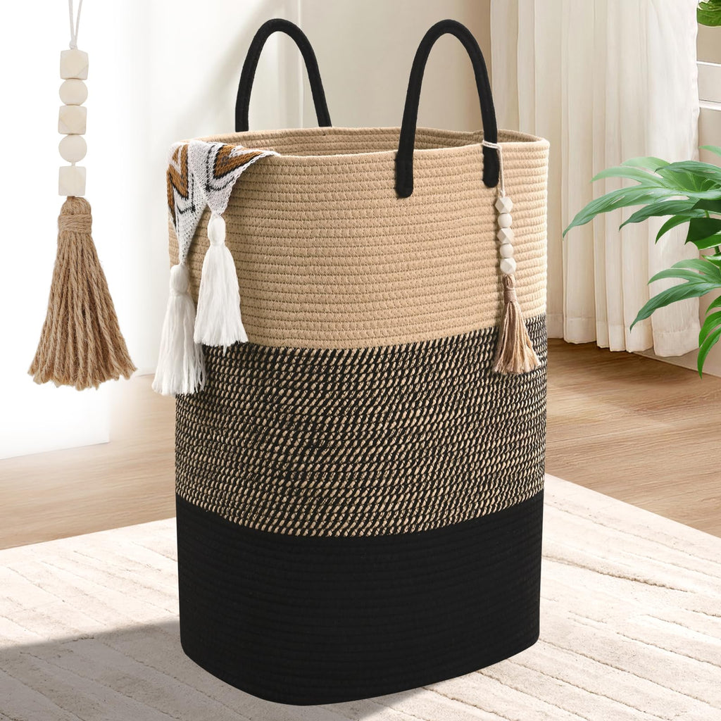 Woven Laundry Basket for Clothes, 50L Large Rectangle Laundry Hampers with Beads Tassel, Nursery Storage Basket for Toys, Tall Dirty Clothes Hamper for Bedroom Aesthetic, Laundry Room Organization