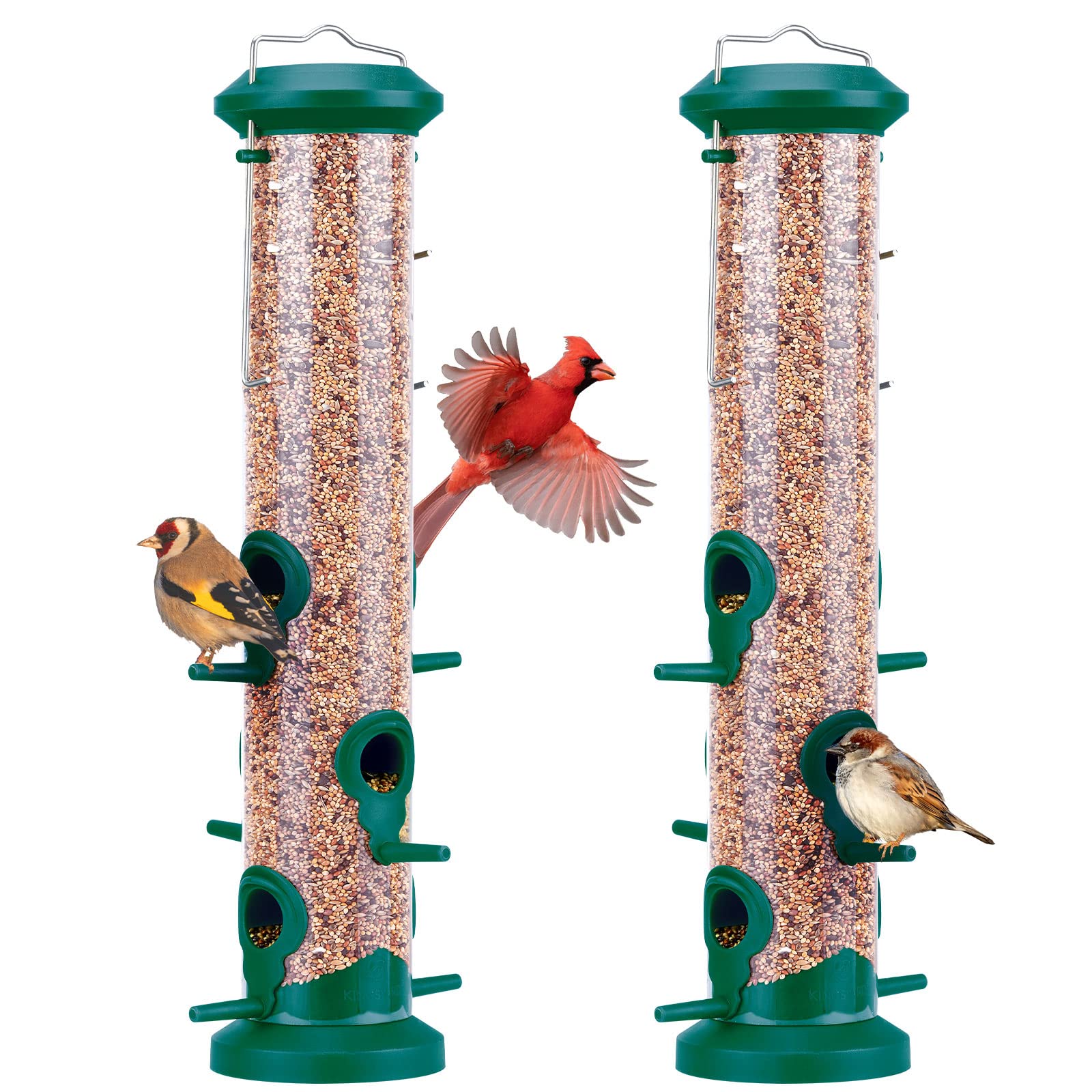 Kingsyard 2 Pack Tube Feeders with 6 Feeding Ports for Outdoors Hanging, Premium Hard Plastic Weatherproof & Steel Hanger, Attracting for Wild Birds (Black)
