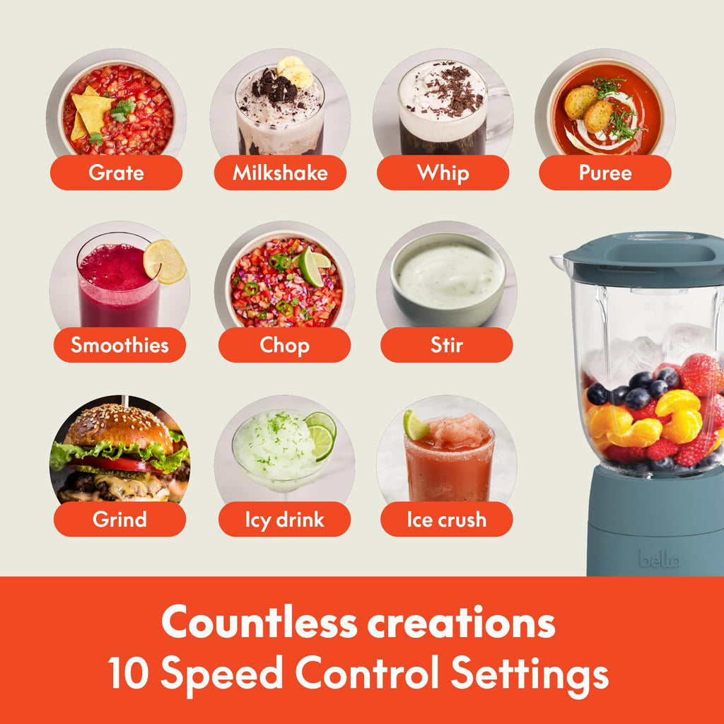 bella 10 Speed Countertop Blender, Juicer & Smoothie Maker, Fits-anywhere™ Kitchenware, Slim Flip & Store Design, Dishwasher Safe 48oz Capacity Pitcher & Lid, Stainless Steel Blade, 450 Watt, Blossom