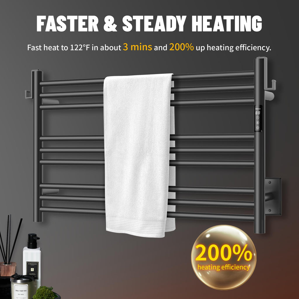 K&KALONZO Wall-Mounted 9-Bar Heated Towel Rack, Fast Heat in 2 Min, NTC Safety | 4 Timers & 3 Heat Levels Control, Plug-In/Hardwired, Top Hooks, Memory Function, Anti-Scald, Stainless Steel, EL13ML