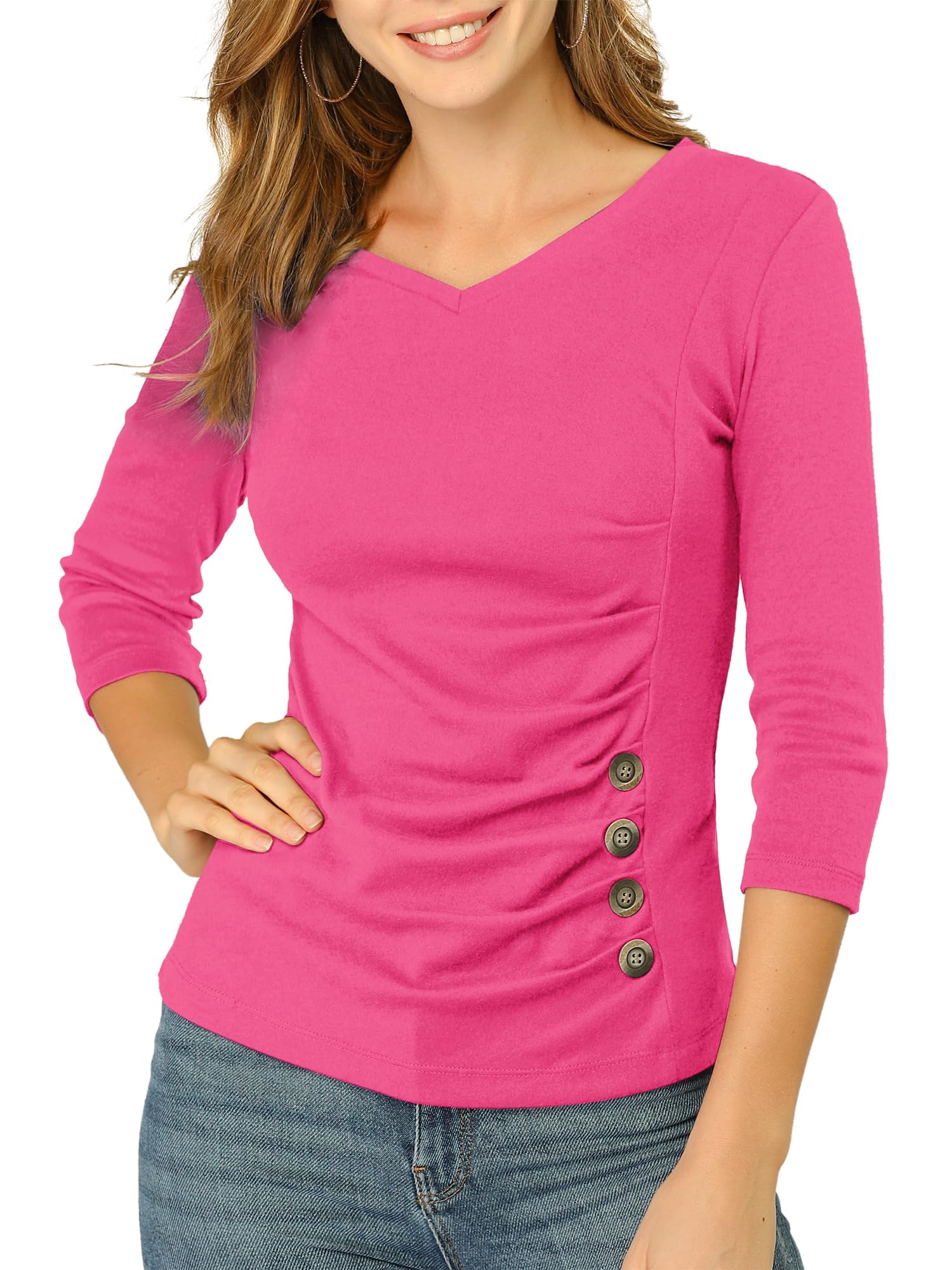 Allegra K Women's V Neck Tops 3/4 Sleeves Solid Knitted Buttons Decor Ruched Blouse