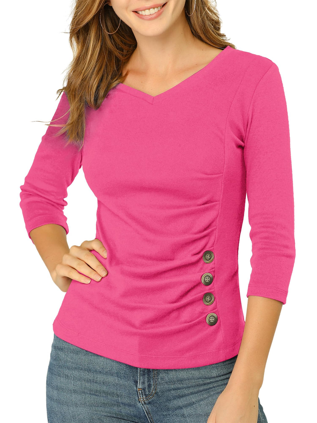 Allegra K Women's V Neck Tops 3/4 Sleeves Solid Knitted Buttons Decor Ruched Blouse
