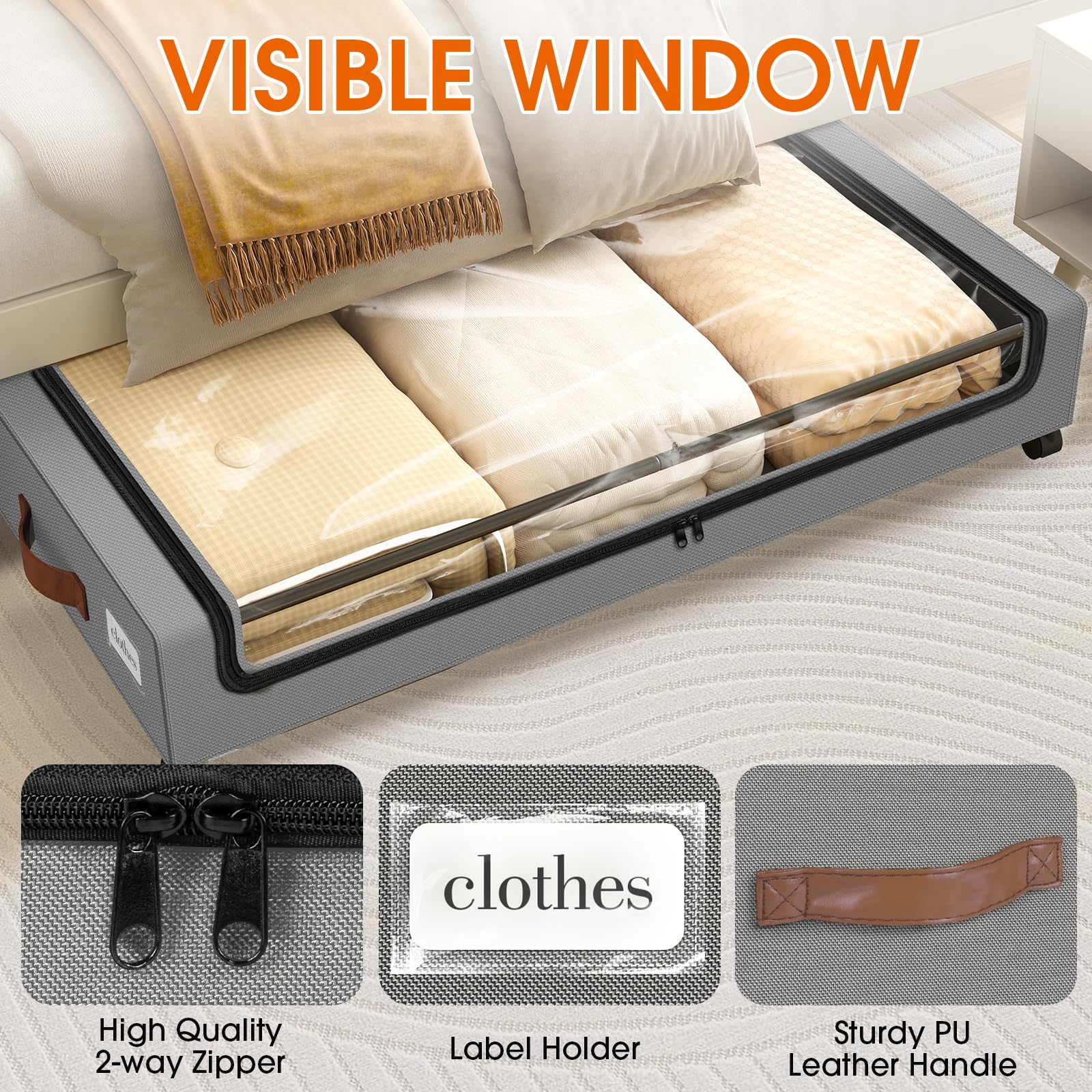 SpaceHacks Under Bed Storage with Wheels 1Pack Underbed Storage with Clear Window&Label Under Bed Drawers Large Capacity Rolling Under Bed Storage for Clothes,Shoes, Blankets (Beige)
