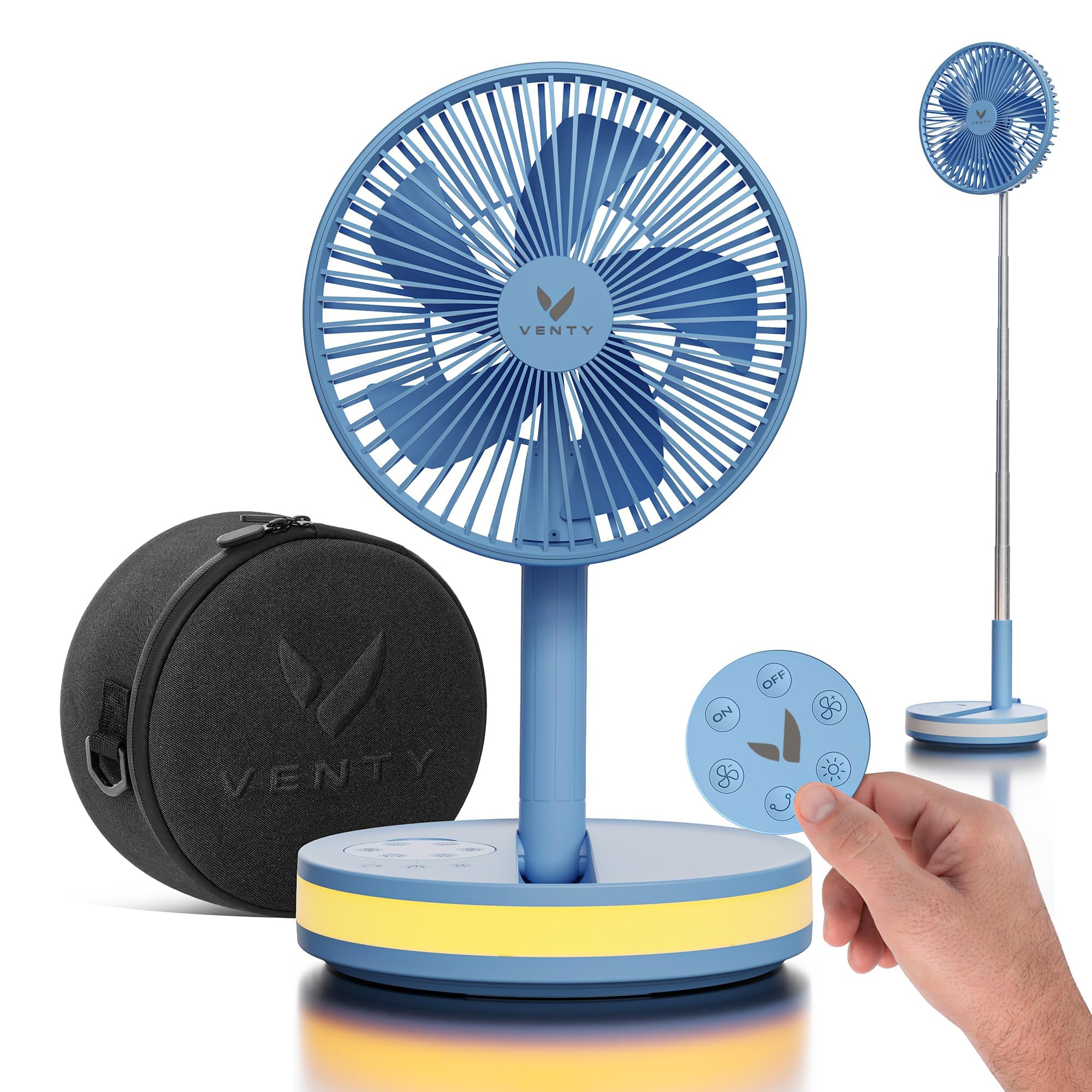 VENTY Portable Fan - Wireless Battery Operated Fan - 4 Speeds - LED Lighting - Carry Case & Remote Control - Cruise Travel - Outdoor Travel RV Power Bank With USB-C Port (Black with Case)