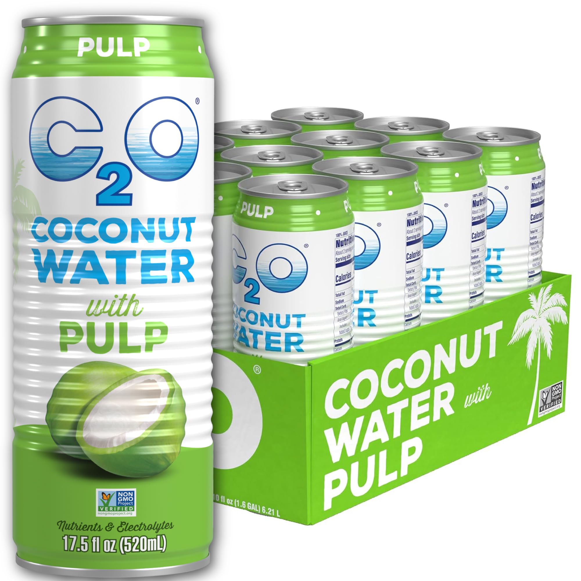 C2O - Coconut Water with Ginger, Lime, & Turmeric (12 Pack) - Made with Fresh Coconut Water - Plant Based - Non GMO - Canned Water - Natural Hydration, Electrolytes, & Potassium - 12 Cans, 17.5 FL OZ