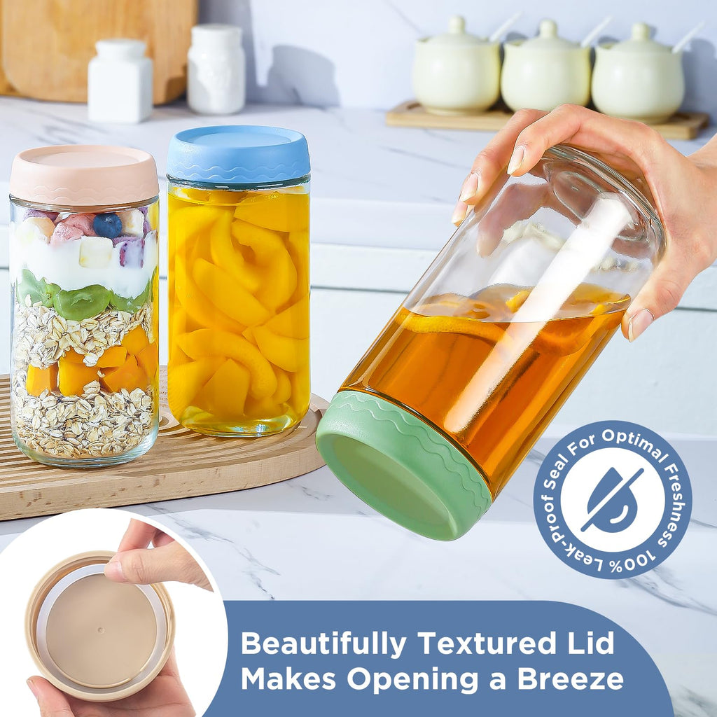 DRKIO 10 Oz Overnight Oats Containers with Lids - 4 Pack Glass Storage Jars with Airtight Lids Wide Mouth Mason Food Jars Great for Meal Prep Salad Chia Pudding Snacks Yogurt Sugar Spice Cereal