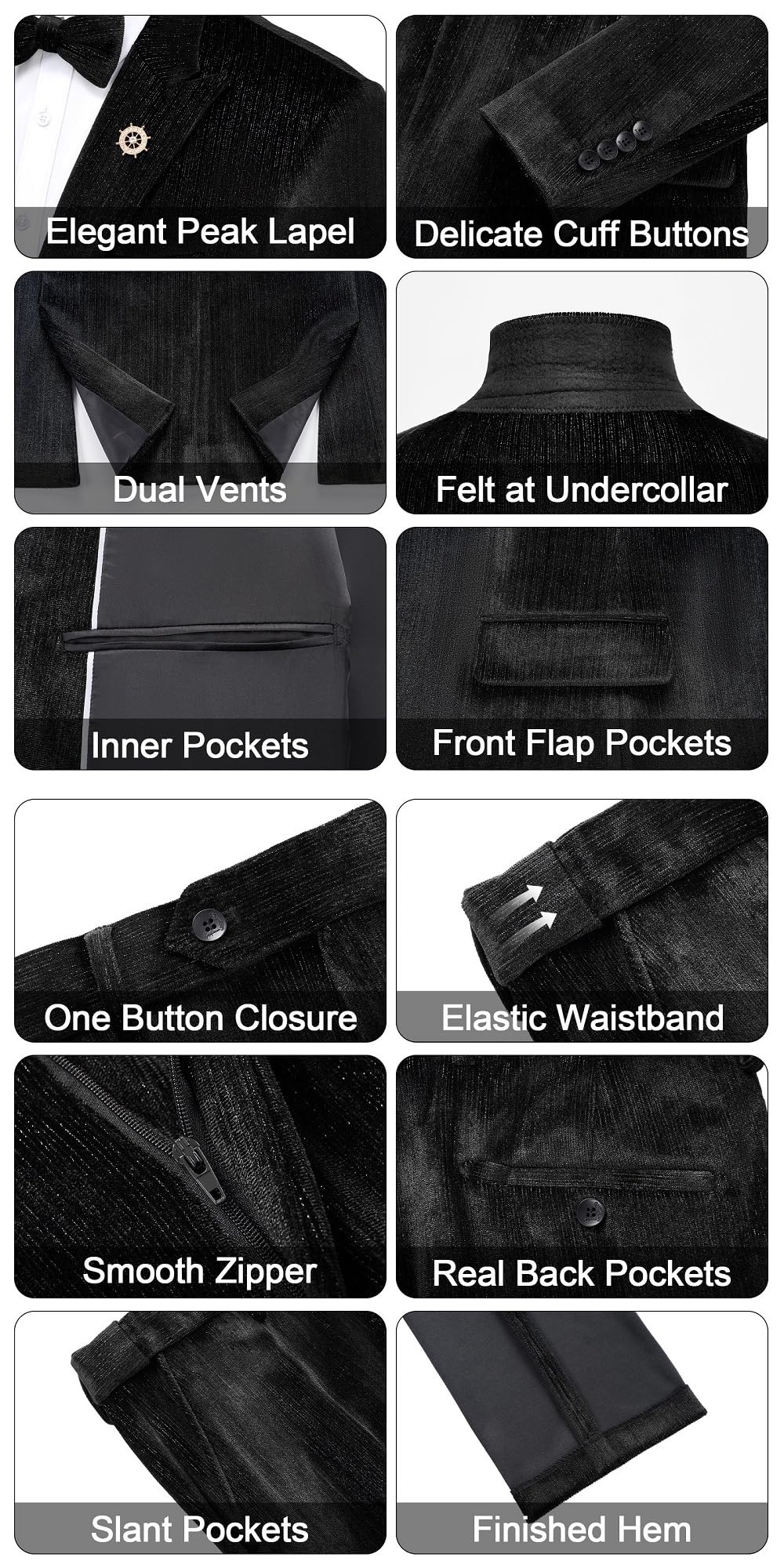 MAGE MALE Mens Suits Velvet Tuxedo Suit Set Slim Fit 2 Piece Luxurious Party Dinner Jacket Pants with Bow Tie