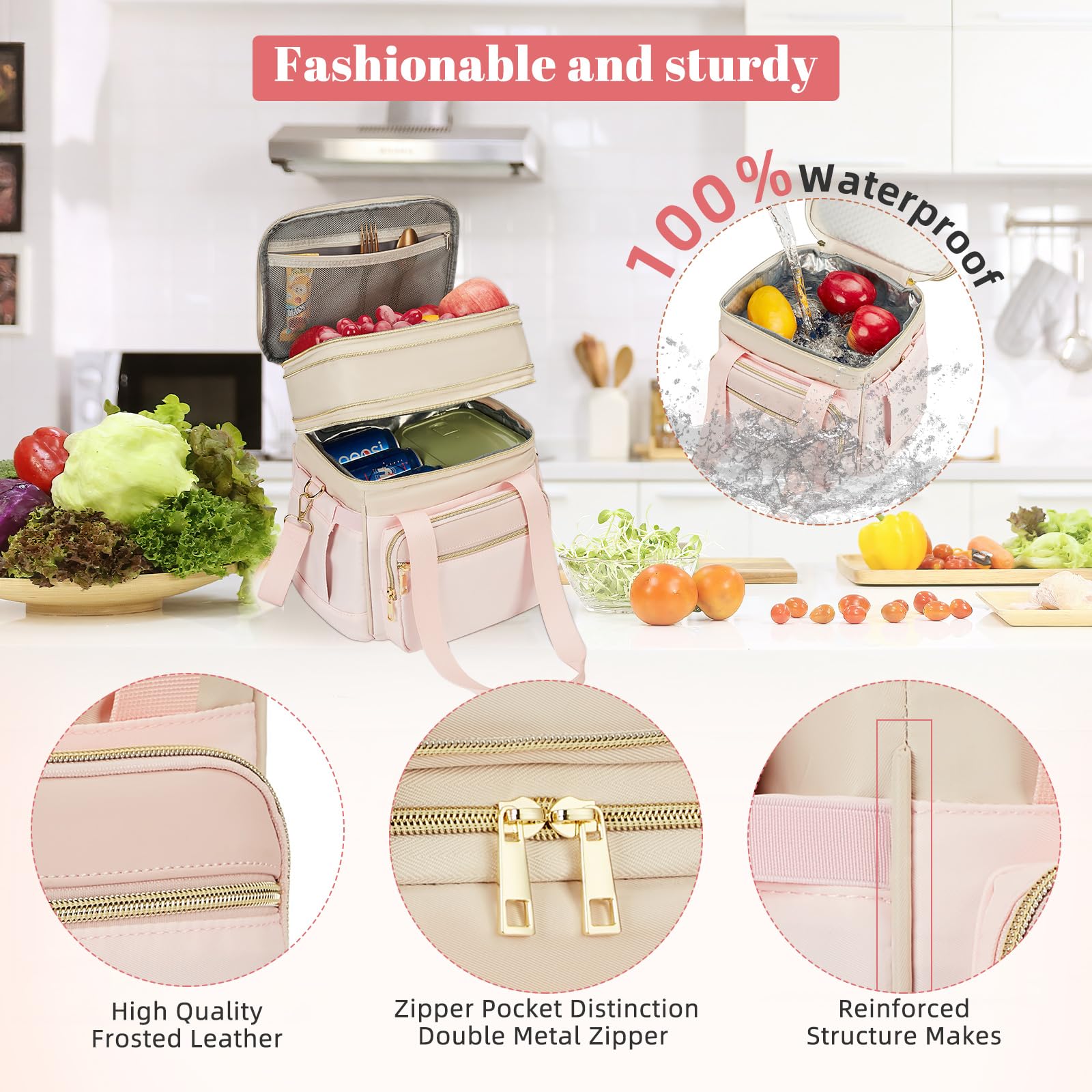 holuxer Insulated Lunch Bag & Lunch Box for Men - Double Deck Reusable Lunch Bag for Women Tote Cooler Bag Leakproof Soft Expandable - Large Lunchbox for Work/Adult/Picnic/Outdoor (Black，15L)