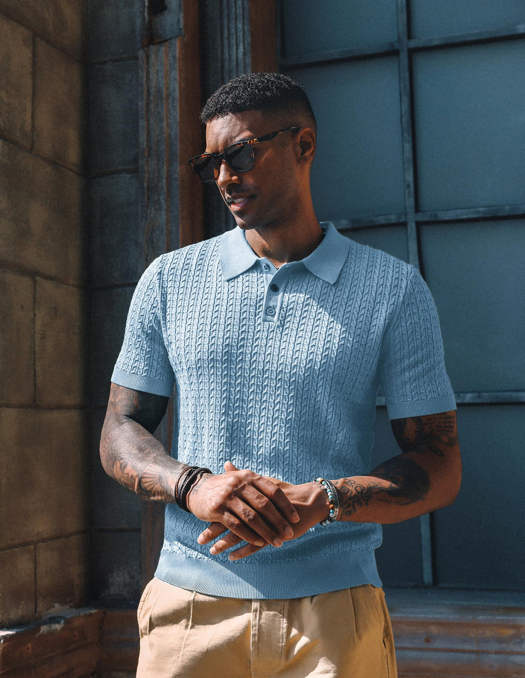 PJ PAUL JONES Mens Knit Polo Shirt Short Sleeve Hollow Out Knit Shirt Texture Knitted Polo