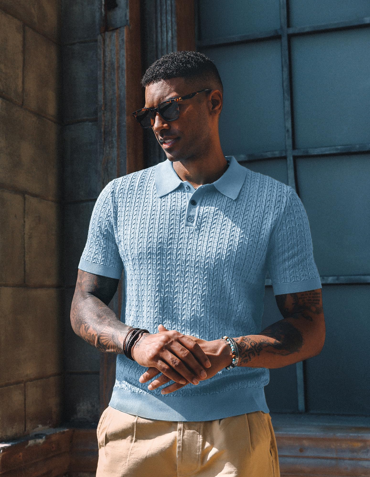 PJ PAUL JONES Mens Knit Polo Shirt Short Sleeve Hollow Out Knit Shirt Texture Knitted Polo
