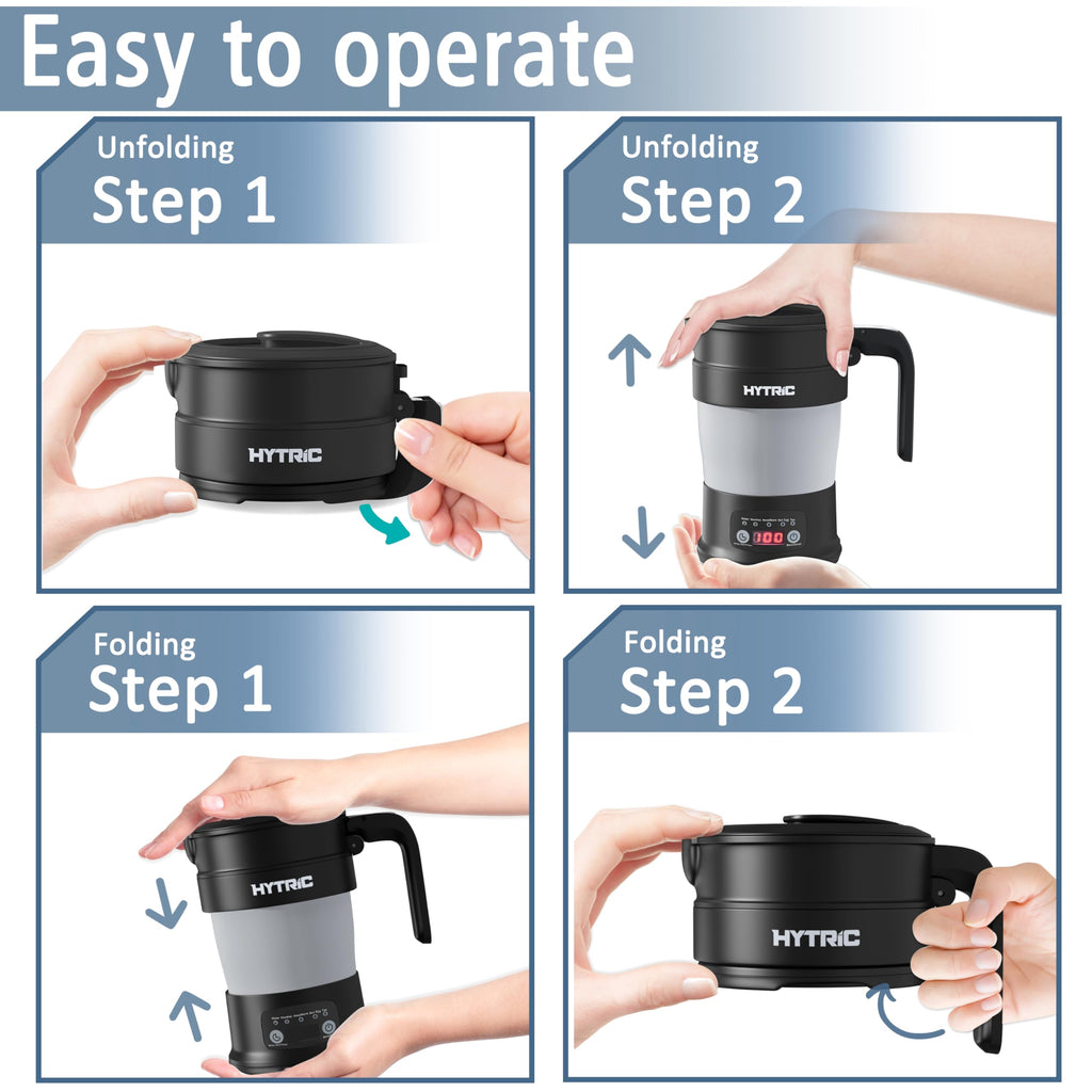 HYTRIC Travel Electric Kettle, 700ML Foldable Small Electric Kettle BPA-Free, Portable Kettle with Multifunctional Panel, Collapsible Hot Water Kettle with Keep Warm & Delay Start, 110V Black