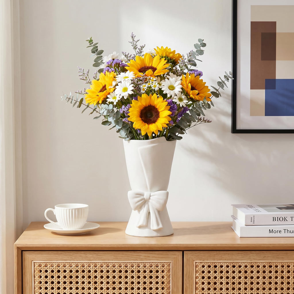 Relexome Beige Ceramic Bow Vase 9.64 in Unique Cute Modern Decorative Bouquet Flower Vases for Home Living Room Table Decor Women Girl Gifts