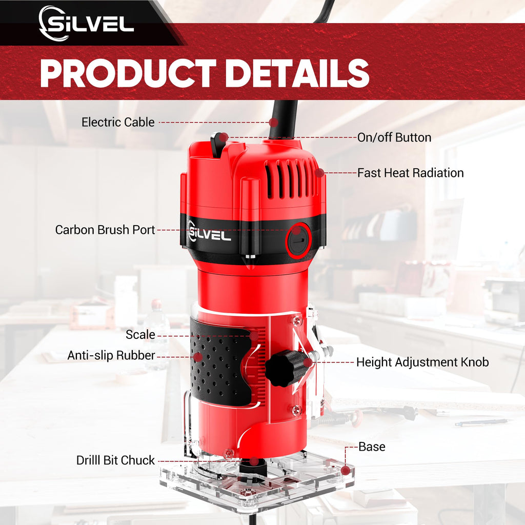 SILVEL Wood Router, 800W Wood Routers for Woodworking, 6.5Amp 1.25HP Hand Wood Router Tool, 30000R/MIN Compact Edge Trimmer with 15 1/4" Router Bit Set, Red