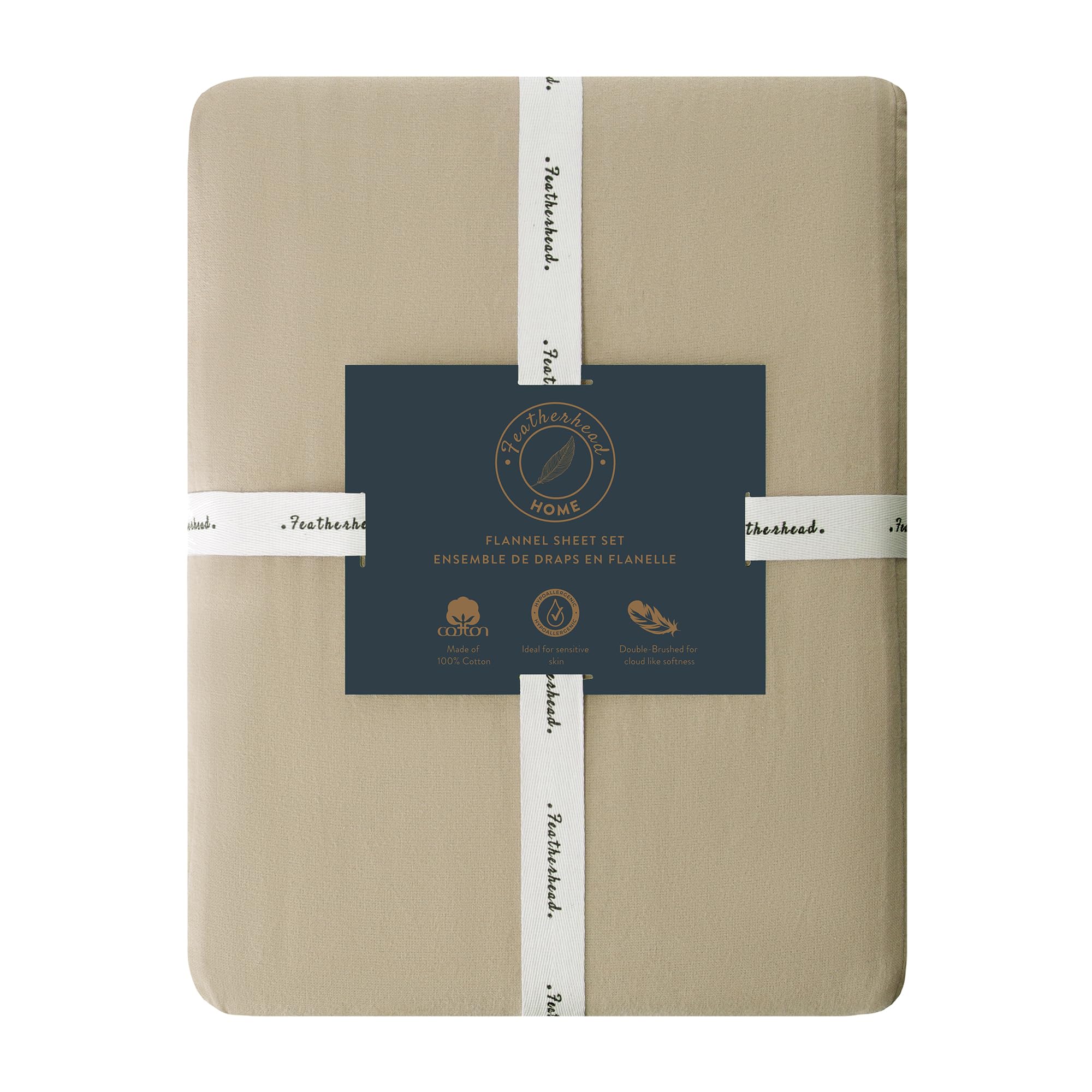 Featherhead 100% Cotton 4PCs Flannel Sheet Set | Double-Brushed for Extra Softness, Warm & Breathable, Extra Deep Pockets fits Up to 17” (Beige, Twin)