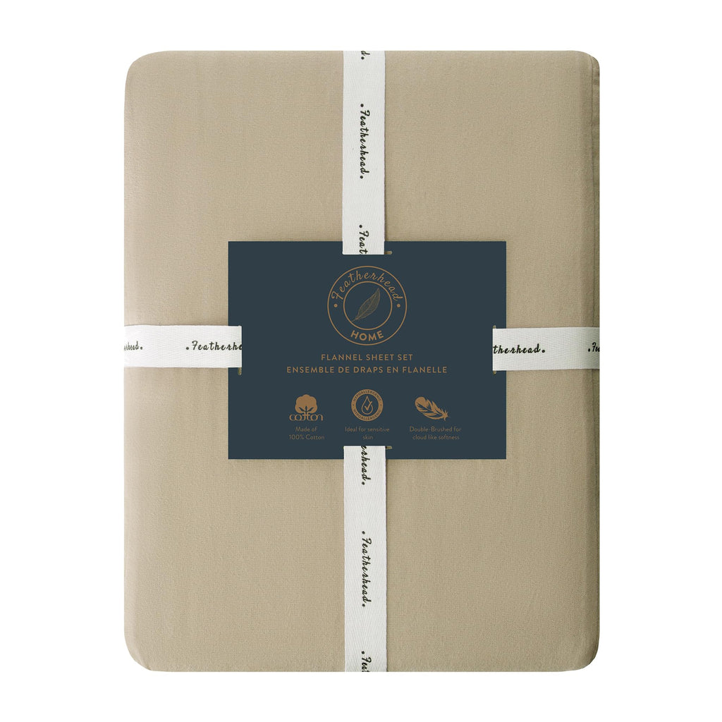 Featherhead 100% Cotton 4PCs Flannel Sheet Set | Double-Brushed for Extra Softness, Warm & Breathable, Extra Deep Pockets fits Up to 17” (Beige, Twin)