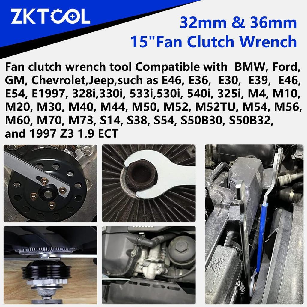 ZKTOOL Fan Clutch Wrench Set,32mm & 36mm Clutch Fan Tool Wrench,Water Pump Pulley Holder Removal Tool For BMW, Ford, GM, dodge,Chevrolet,jeep Fan Clutch Removal Kit,Water Pump Holder.