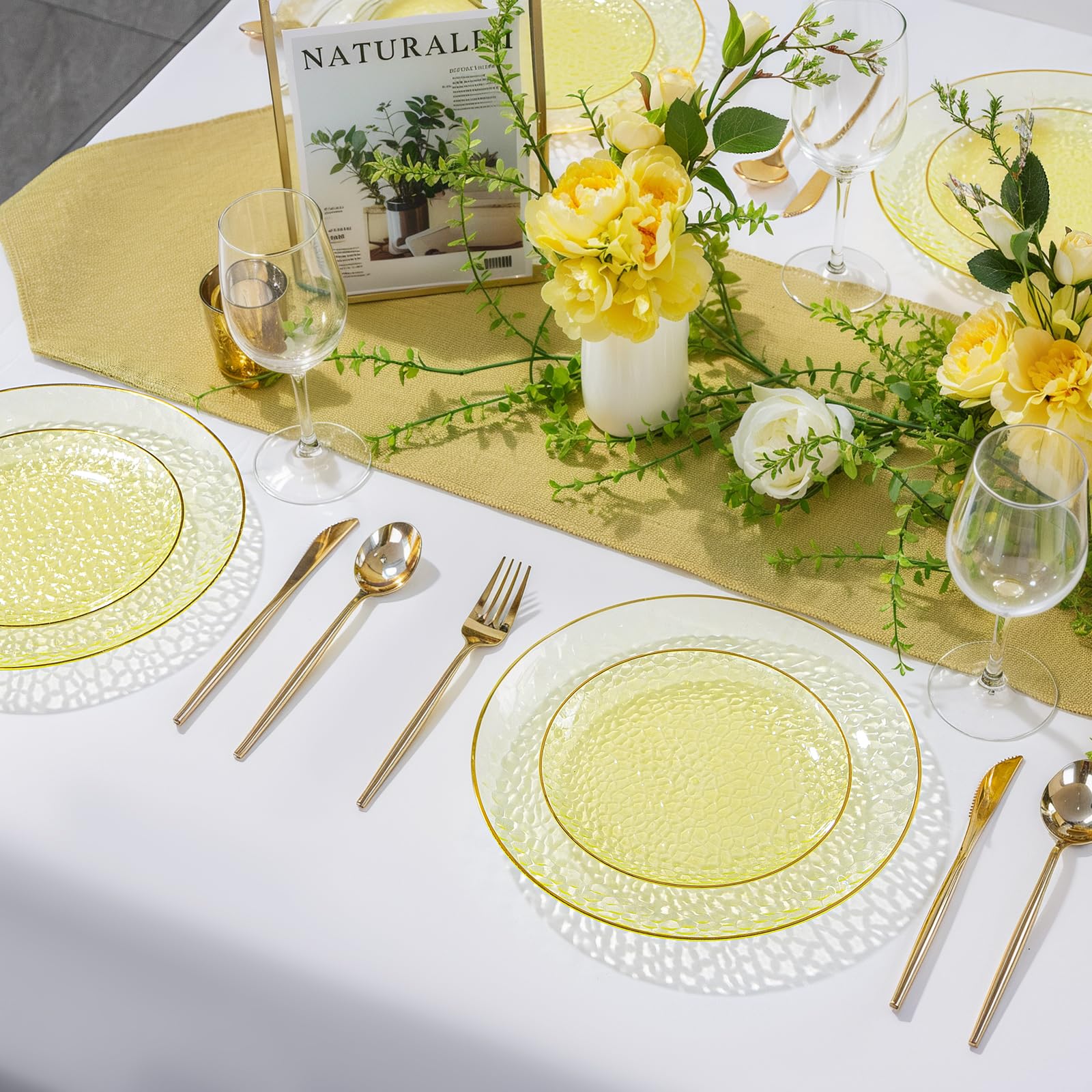 Rubtlamp 100Pcs Amber Gold Plastic Plates, Disposable Plates With Gold Rim, Heavy-duty Party Platos, Hammered Plastic Plates Include 50 Clear Dessert Plates, 50 Dinner Plates for Party