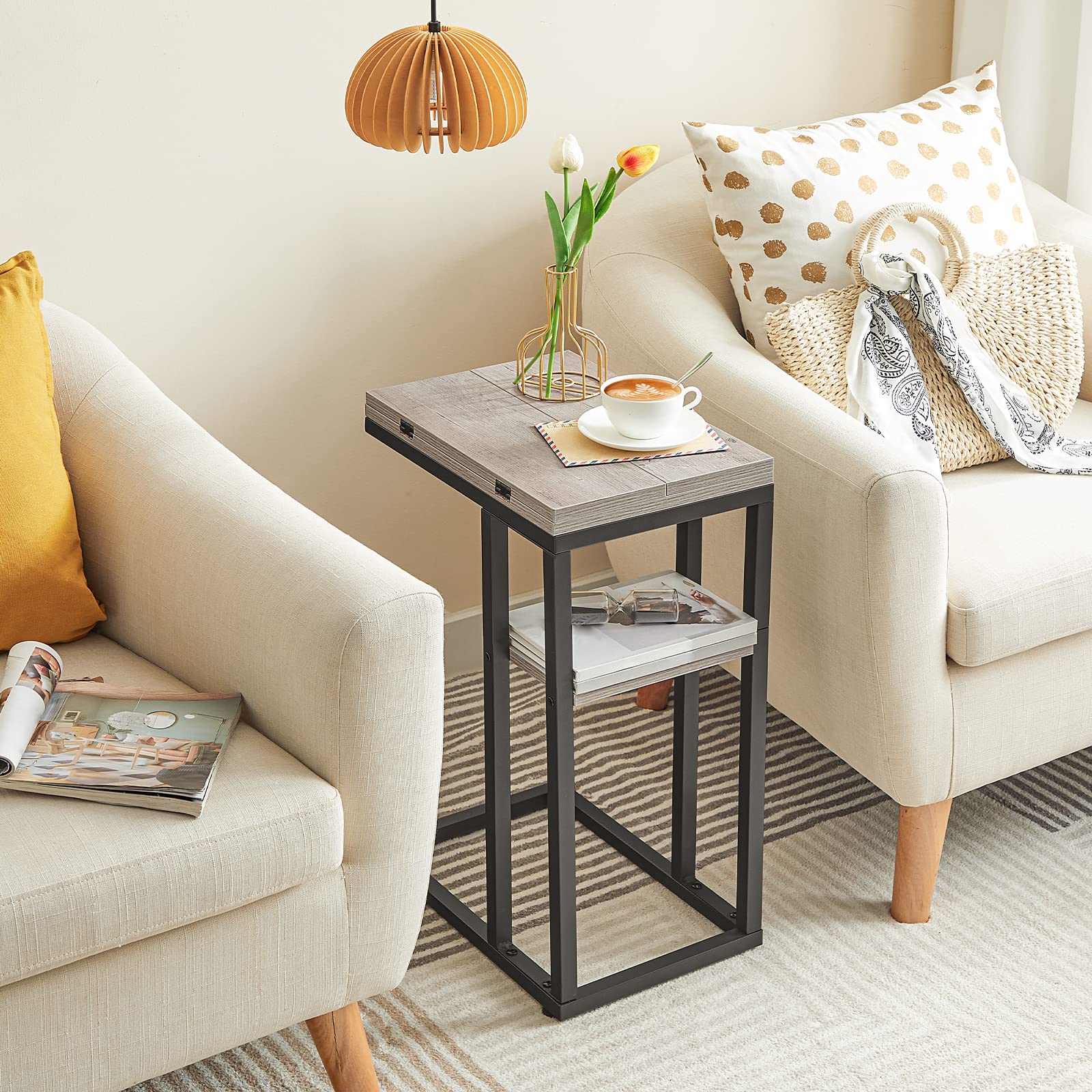 HOOBRO Foldable C Shaped End Table, C Shaped Side Table with Storage Shelf, Small Snack Table, Slide Under Couch Table for Sofa, Living Room Bedroom Small Spaces Easy Assembly, Black BK29SF01