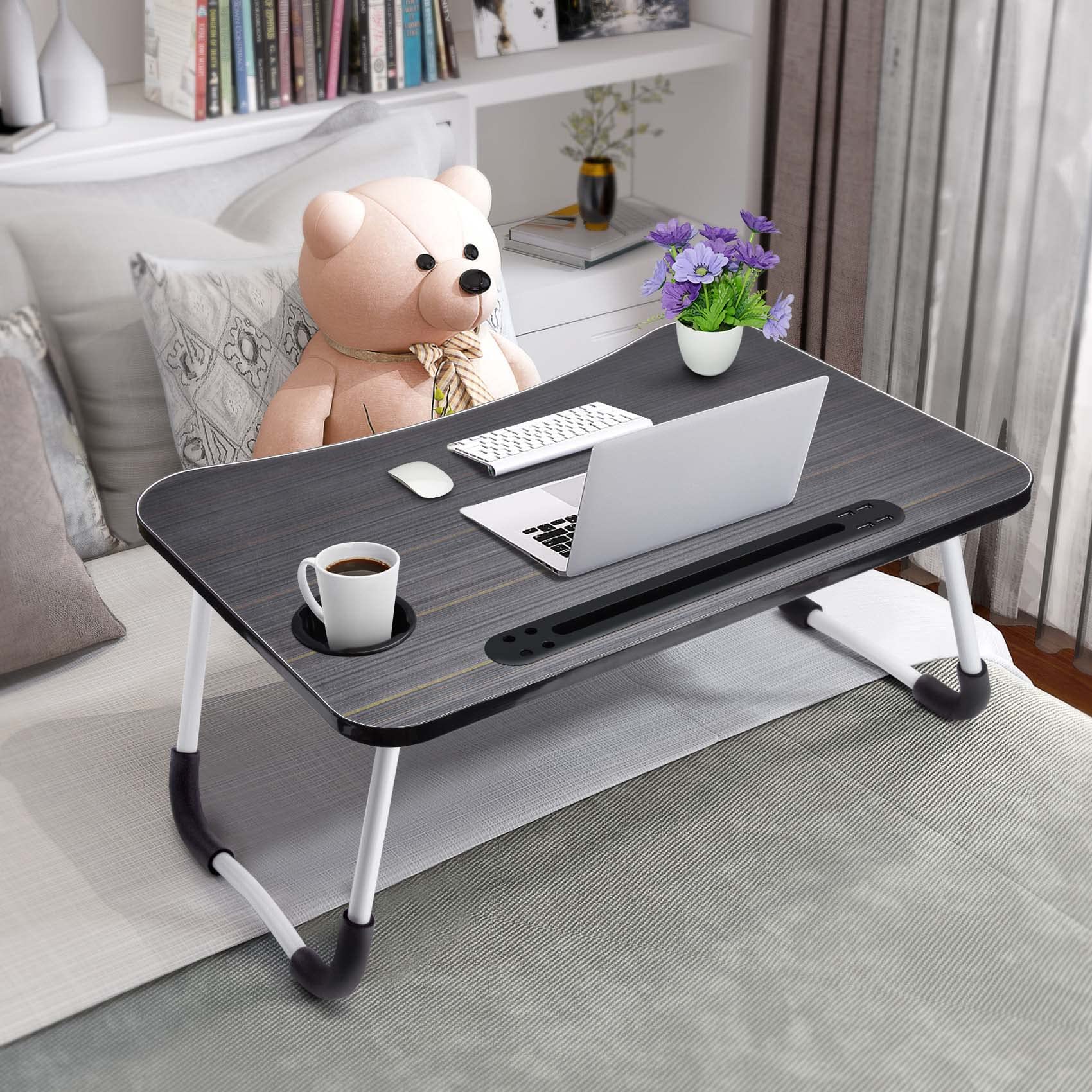 Slendor Lap Desk with Cup Holder, Foldable Laptop Table for Bed, Portable Bed Desk for Laptop and Writing, Computer Tray with Tablet Slot, Notebook Stand Reading Holder for Couch Sofa Floor,Black