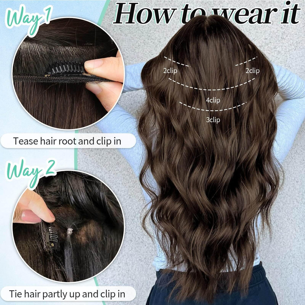 KooKaStyle Clip in Synthetic Hair Extensions Long Wavy 4PCS Thick Hairpieces Balayage Chocolate Brown to Caramel Blonde 10H26 Fiber Double Weft Natural Hair Extensions 16 Inch for Women