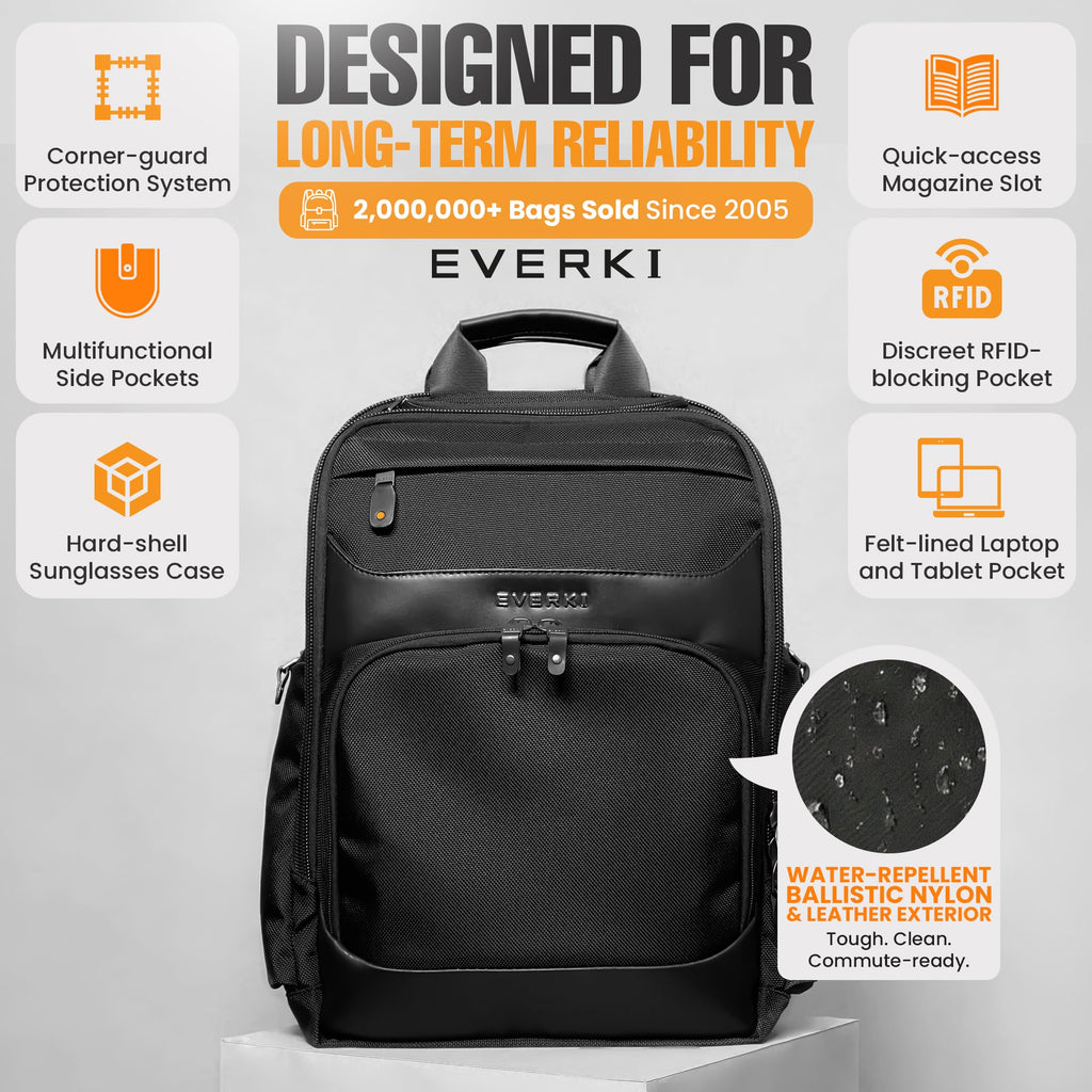 EVERKI Onyx 25L Business Laptop Backpack – Professional Travel Backpack for Men & Women, Laptop Bag with Premium Leather Ballistic & Nylon, Office & Flight Approved, Fits Laptops up to 15.6” - Black