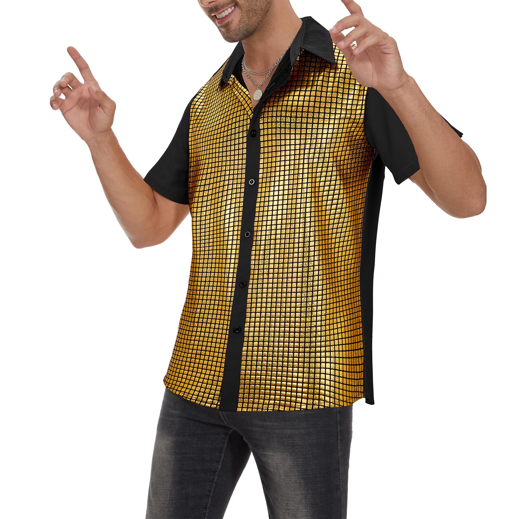 Zando Men's Sequin 70s 80s Disco Shirt - Retro Short Sleeve Button Up Costume Halloween New Year Party Outfit Top & Clubwear