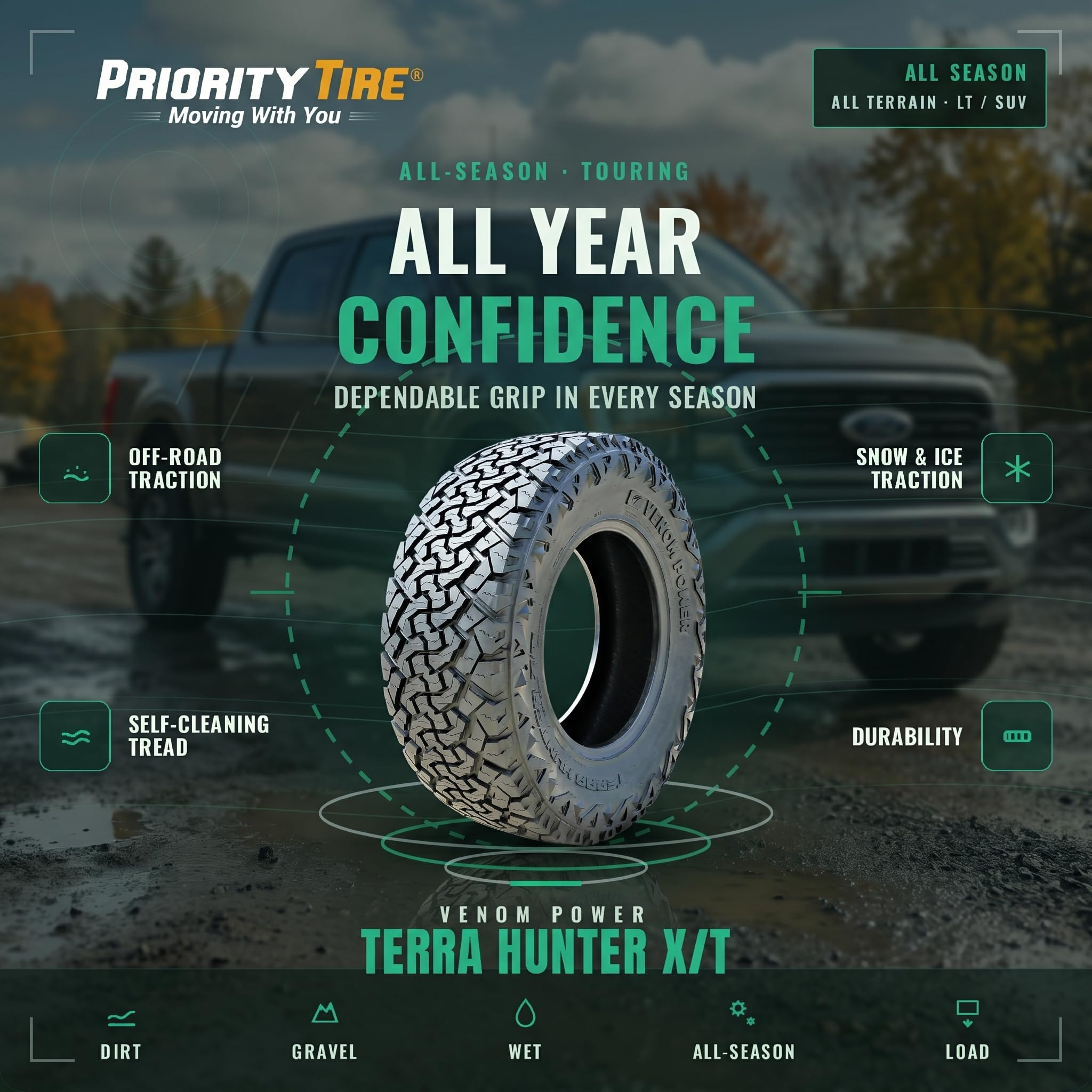 Venom Power Terra Hunter X/T XT All-Terrain Mud Light Truck Radial Tire-33X12.50R20LT 33X12.50X20 33X12.50-20 119R Load Range F LRF 12-Ply BSW Black Side Wall