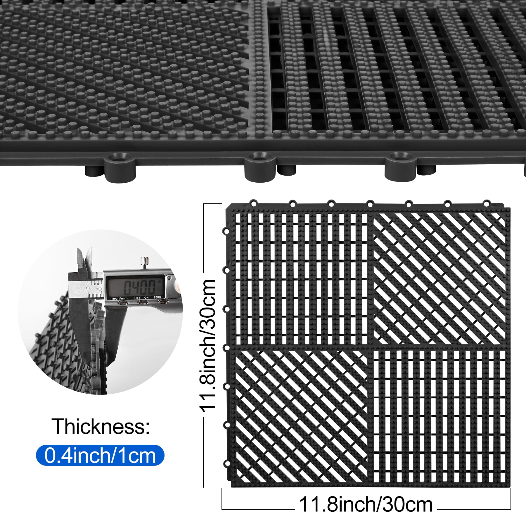 ToLanbbt Modular Interlocking Cushion 8P 11.8" x 11.8" Interlocking Rubber Floor Drain Holes Non-Slip Splicing Drainage Mats for Deck, Shower, Kitchen, Drain Pool, Sauna Bath, Indoor Outdoor (Black)