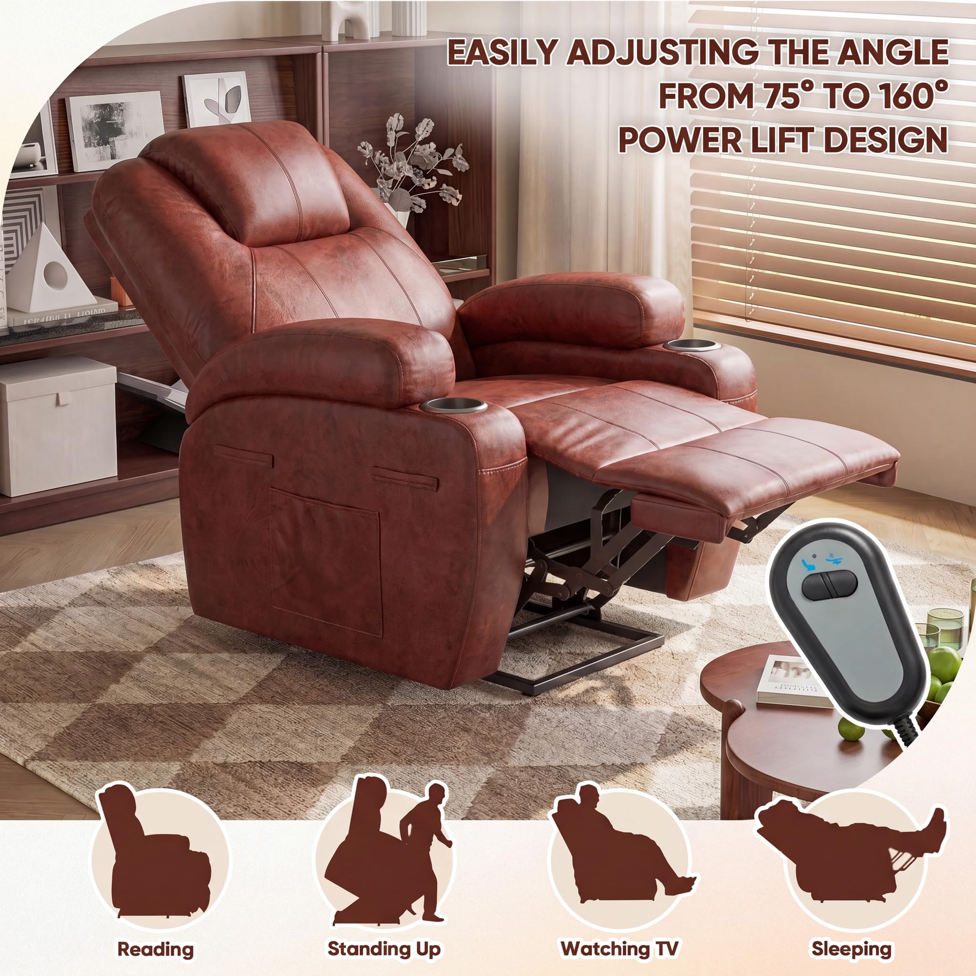 Furmax Electric Power Lift Recliner Chair with Massage for Elderly Corduroy Fabric Recliner Single Sofa with Cup Holders, Side Pockets and Remote Control for Living Room Bedroom (Leathaire, Brown)