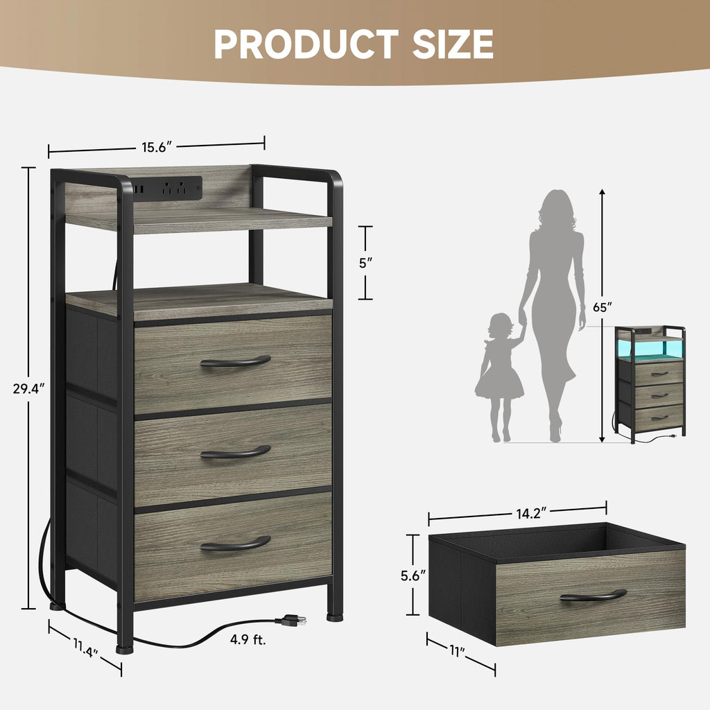 Lazzanto Night Stand Bedside Charger Bedroom - Nightstand with Charging Station & LED Light Strip, Night Stand with Storage Shelf & 2 Fabric Drawers, Morden End Table with U-S-B Ports & AC Outlets